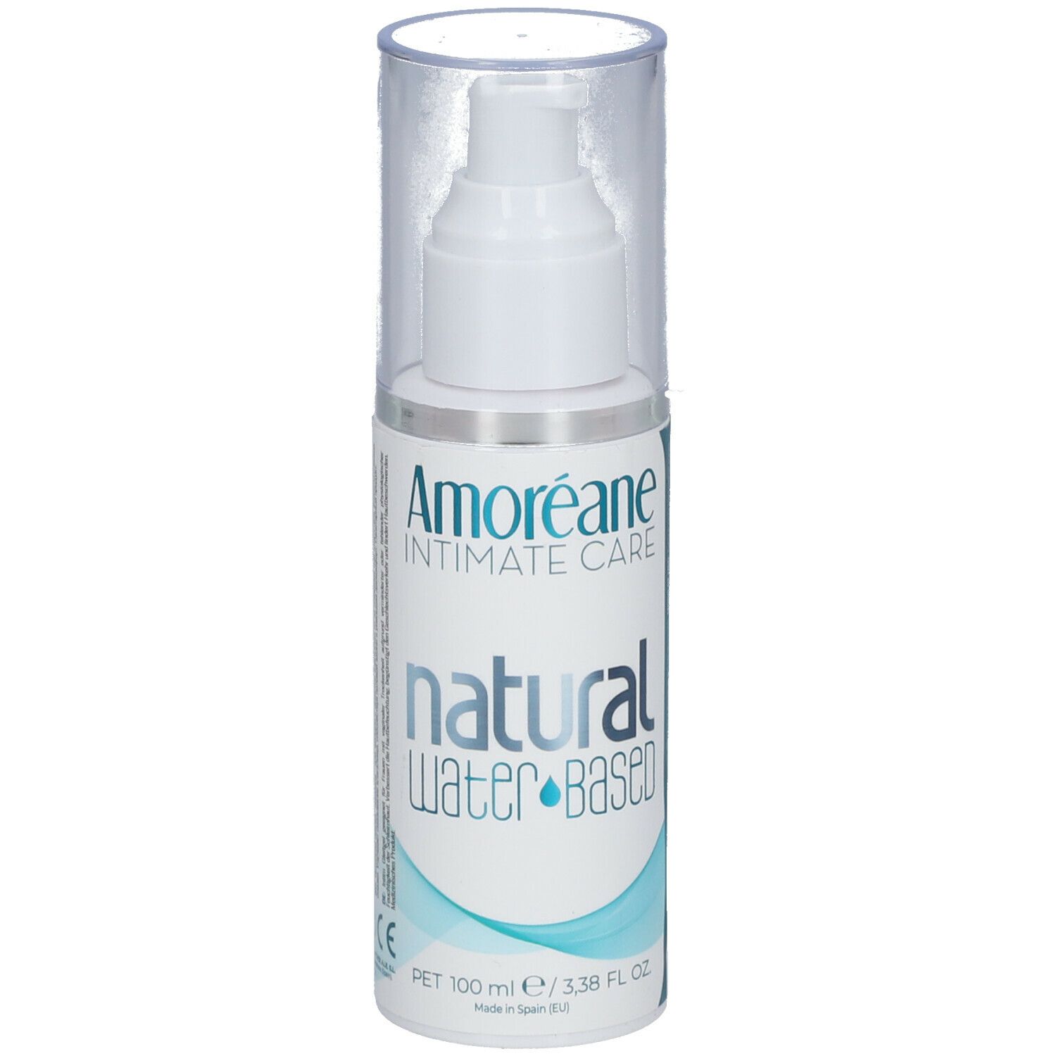 Flacon avec pompe. Inscription: Amoréane Intimate Care, natural Water Based. Bouchon transparent. 100 ml.