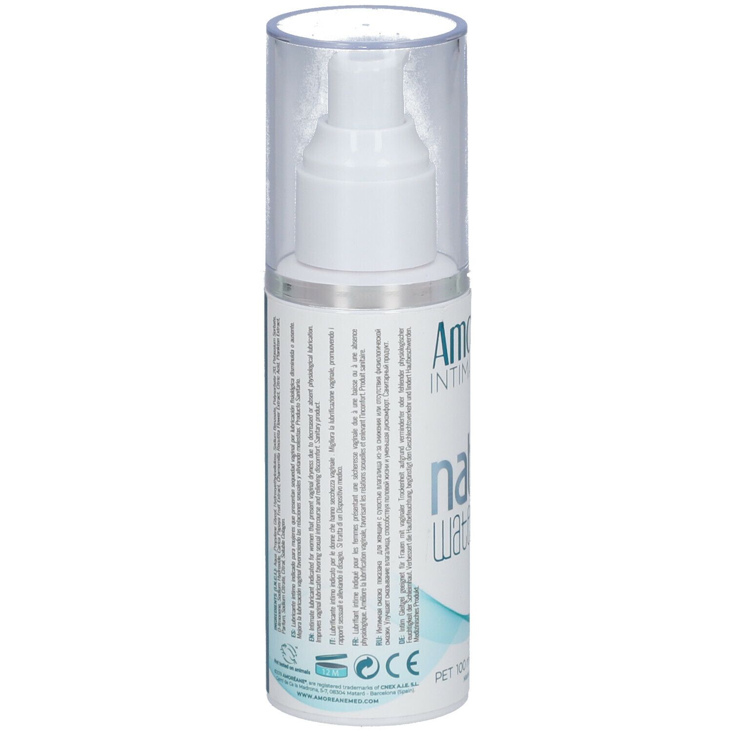 Flacon avec pompe. Inscription: Amoréane Intimate Care, natural Water Based. Texte au dos. Bouchon transparent.