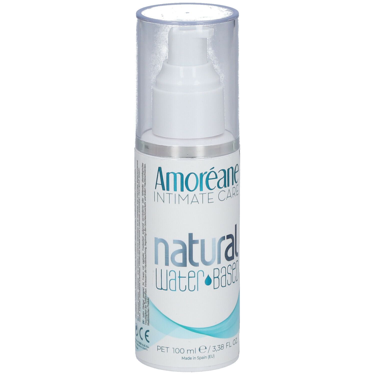 Flacon avec pompe. Inscription: Amoréane Intimate Care, natural Water Based. Bouchon transparent. 100 ml.