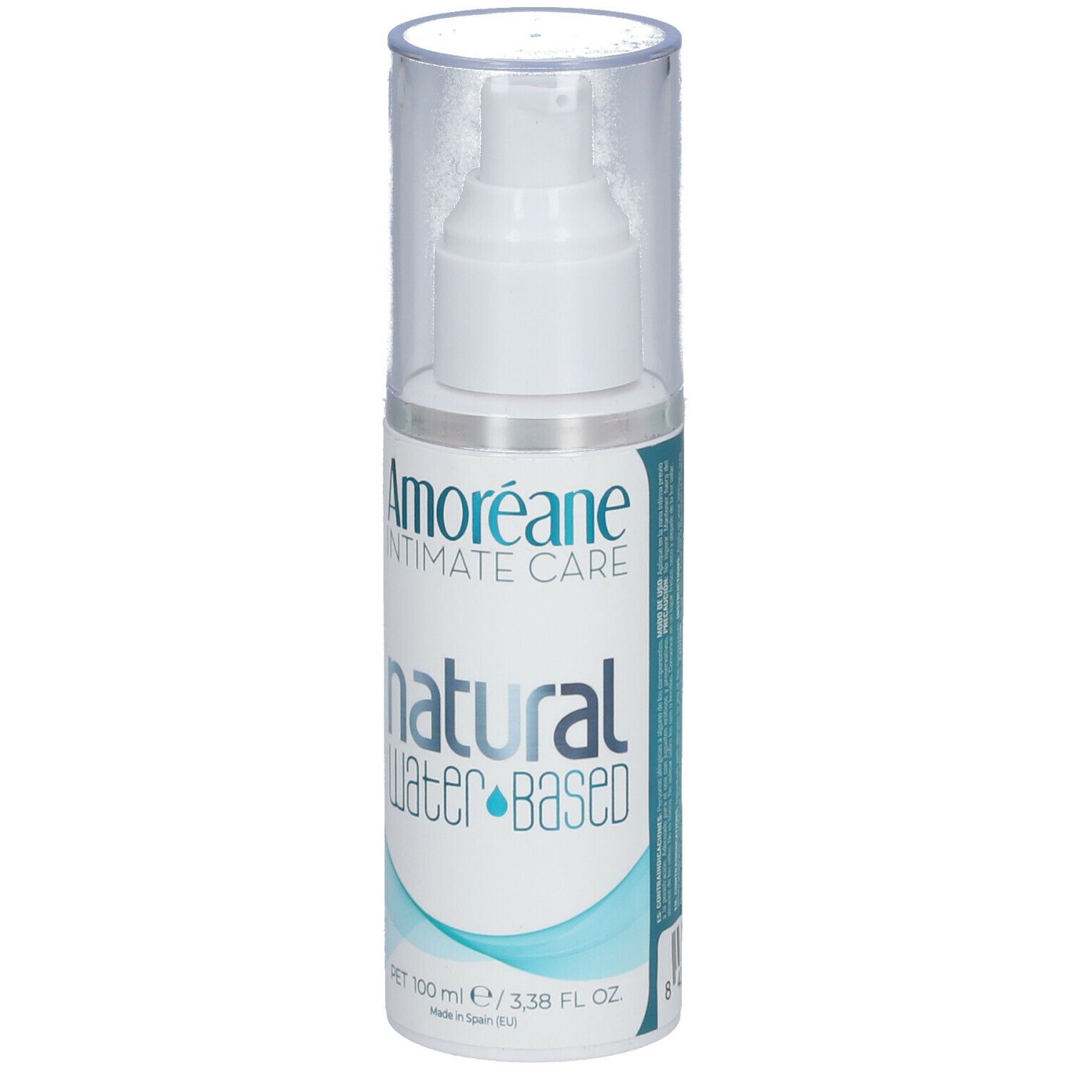 Flacon avec pompe. Inscription: Amoréane Intimate Care, natural Water Based. Bouchon transparent. 100 ml.