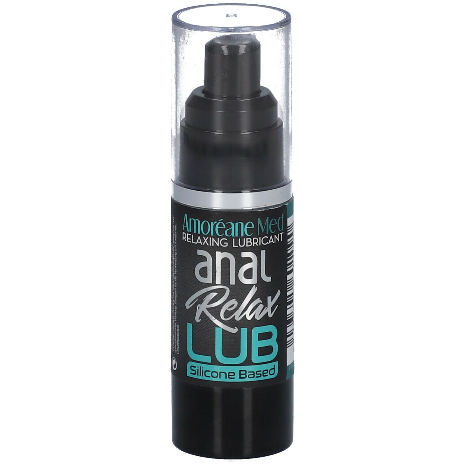 Schwarze Flasche mit Pumpe und durchsichtiger Kappe. Aufschrift: "Amoréane Med anal Relax LUB Silicone Based".