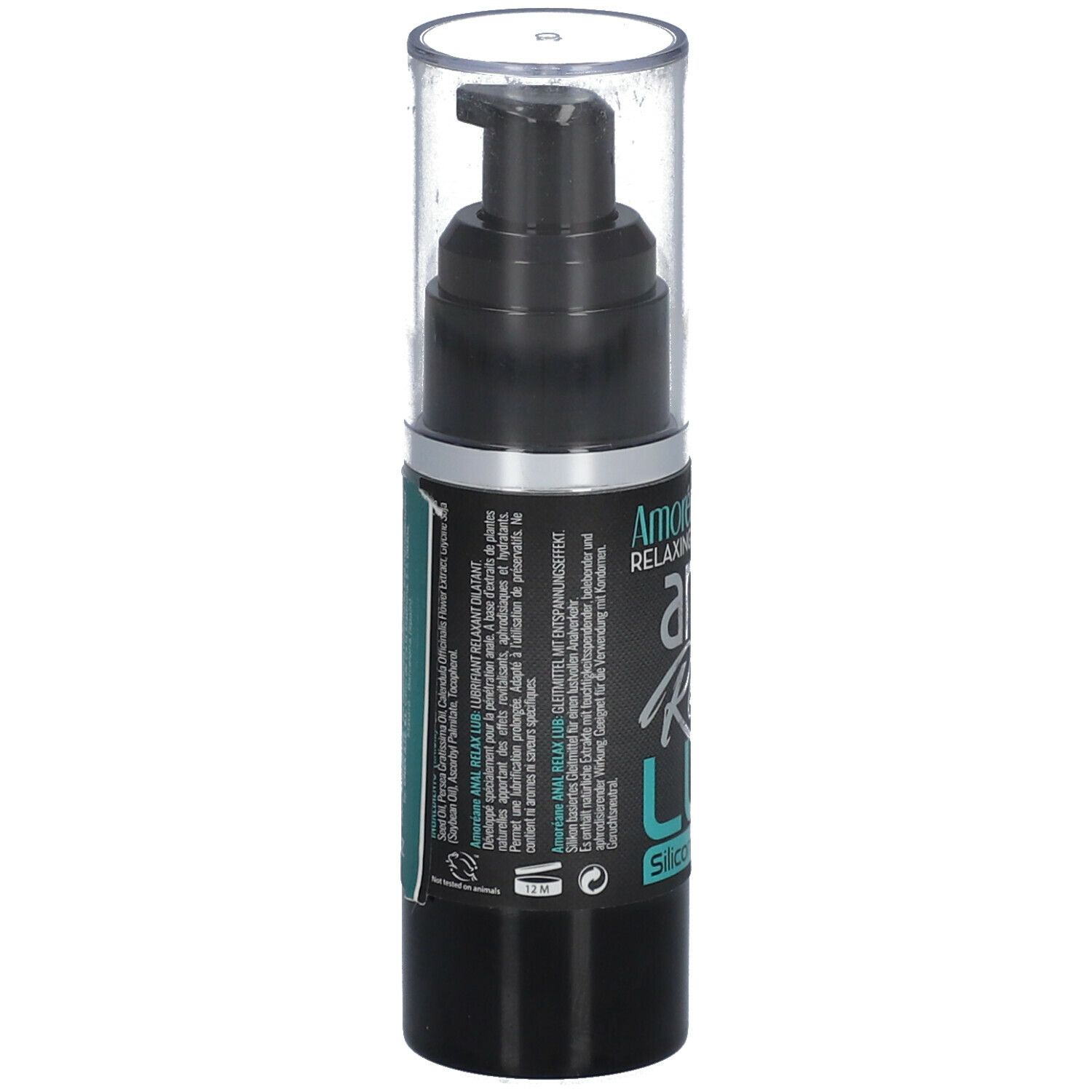 Schwarze Flasche mit Pumpe und durchsichtiger Kappe. Aufschrift: "Amoréane Med anal Relax LUB Silicone Based". Text auf der Rückseite.