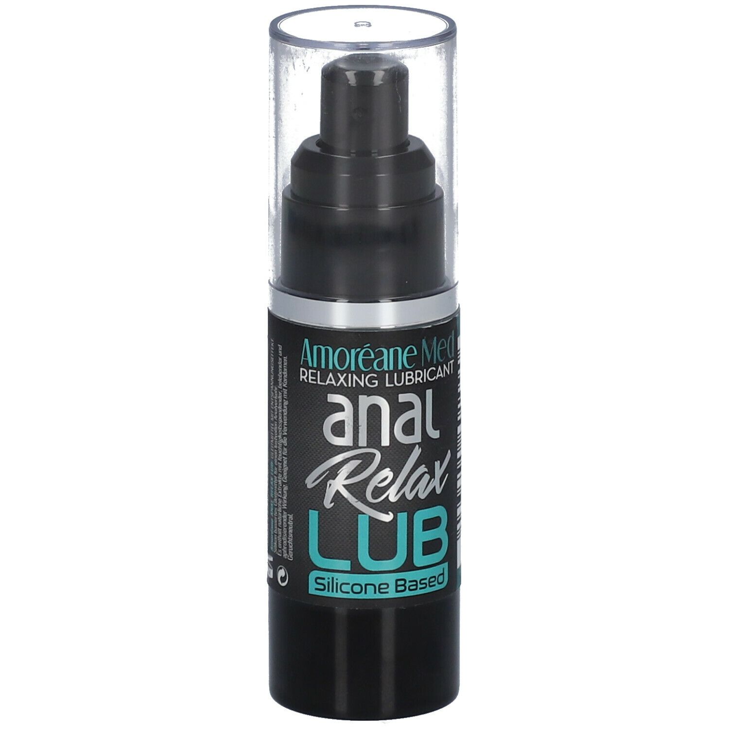 Schwarze Flasche mit Pumpe und durchsichtiger Kappe. Aufschrift: "Amoréane Med anal Relax LUB Silicone Based".
