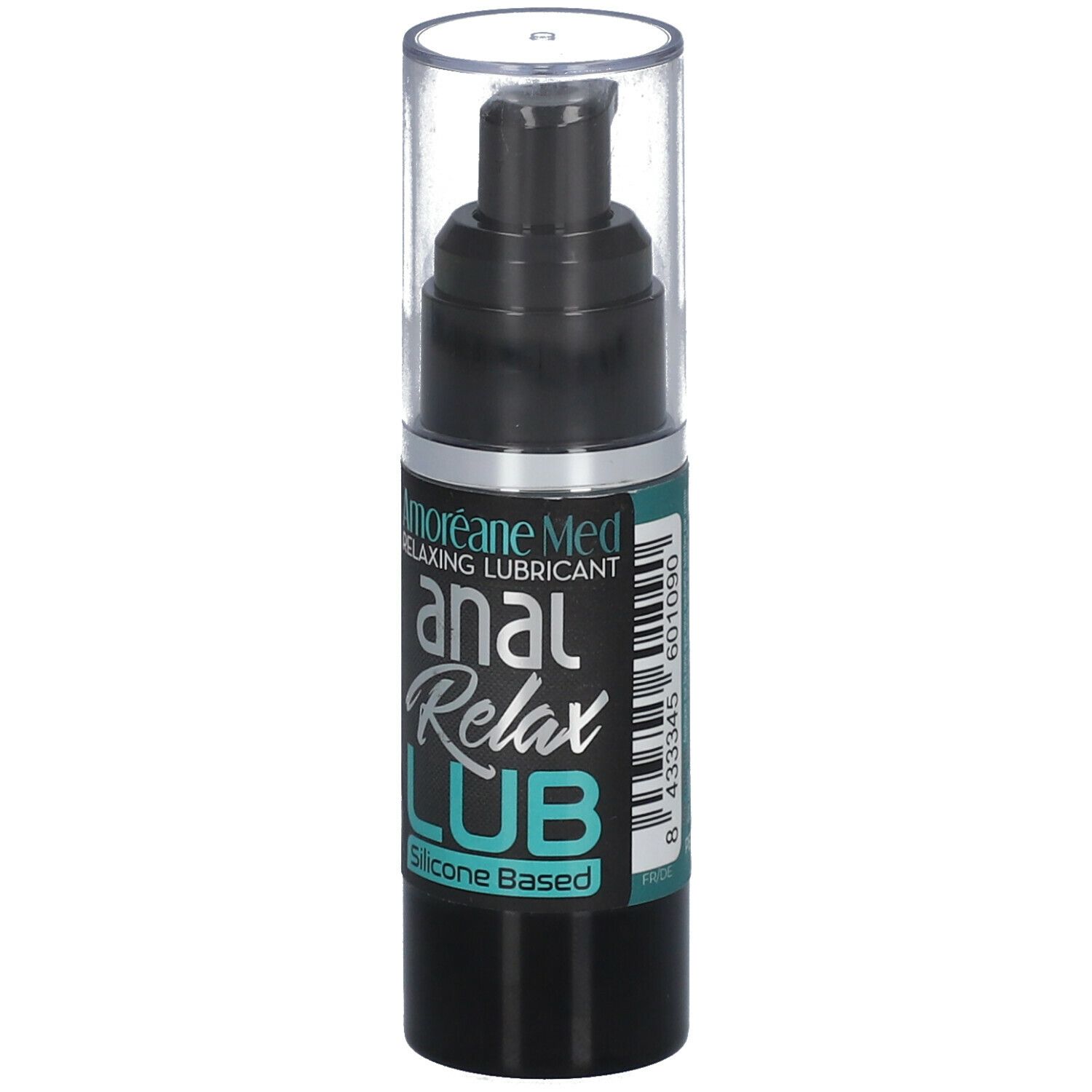Schwarze Flasche mit Pumpe und durchsichtiger Kappe. Aufschrift: "Amoréane Med anal Relax LUB Silicone Based". Barcode.