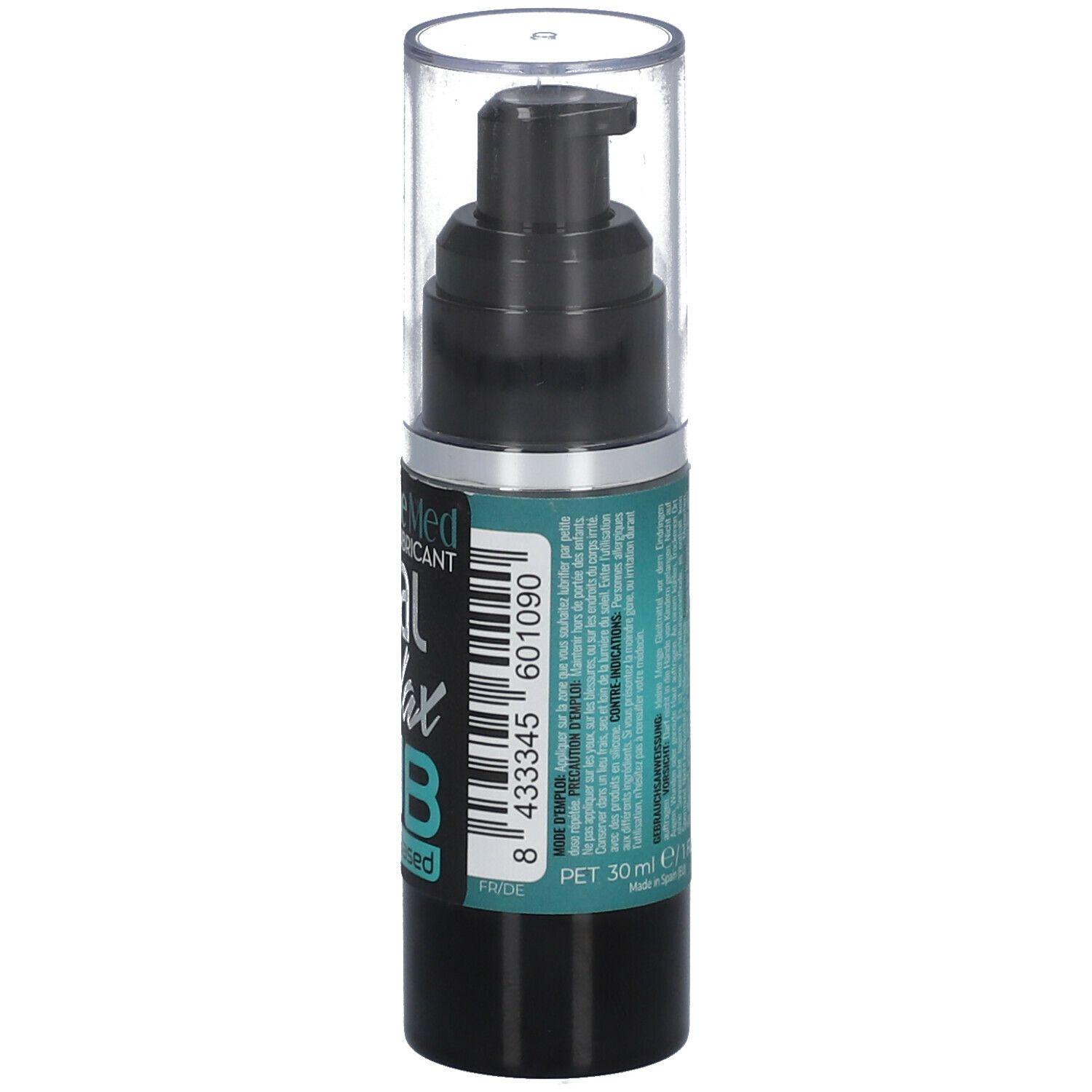 Schwarze Flasche mit Pumpe und durchsichtiger Kappe. Aufschrift: "Amoréane Med anal Relax LUB Silicone Based". Barcode und Volumen.