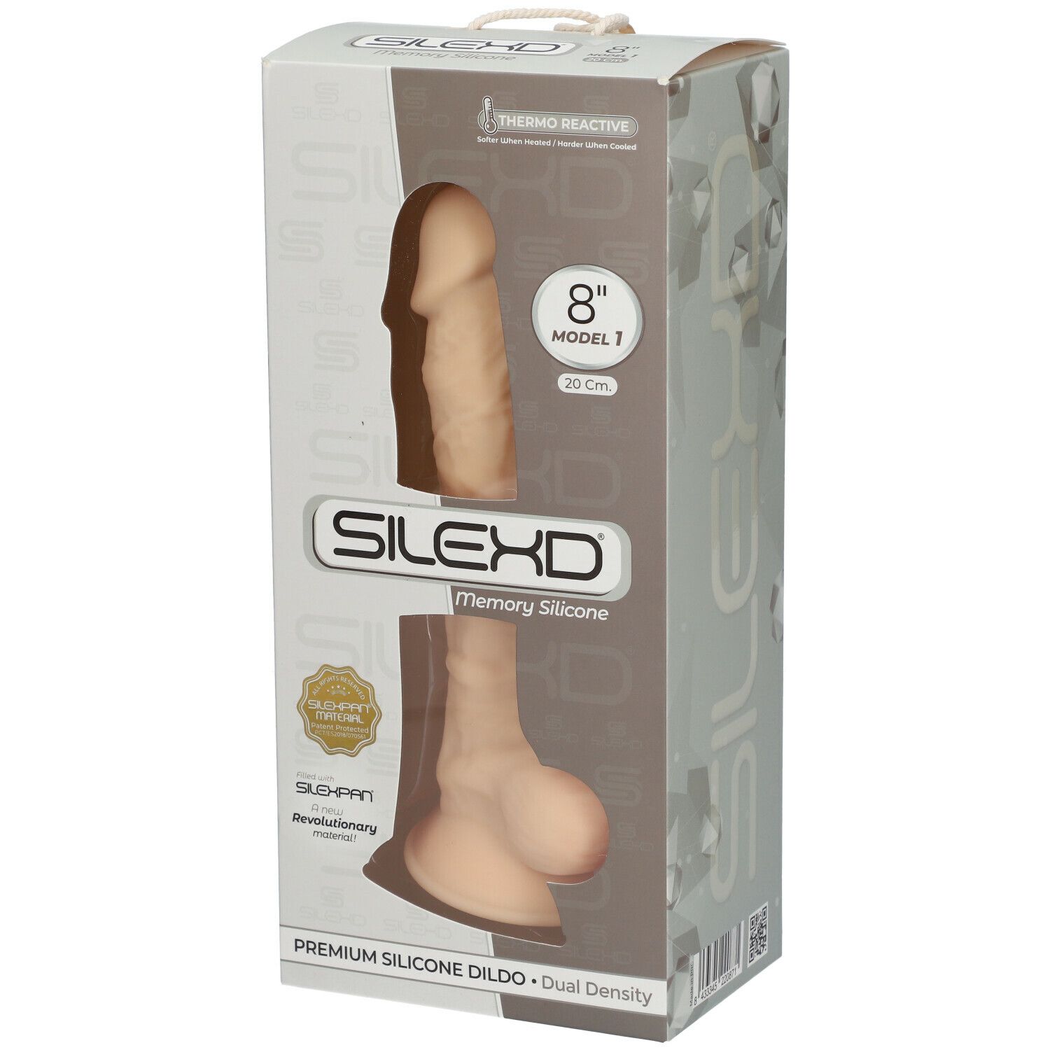 Verpackung mit SILEXD Premium Silikon Dildo Modell 1. Sichtbar: 8"/20cm, beige. Mit Logo und Text. Thermo Reactive.