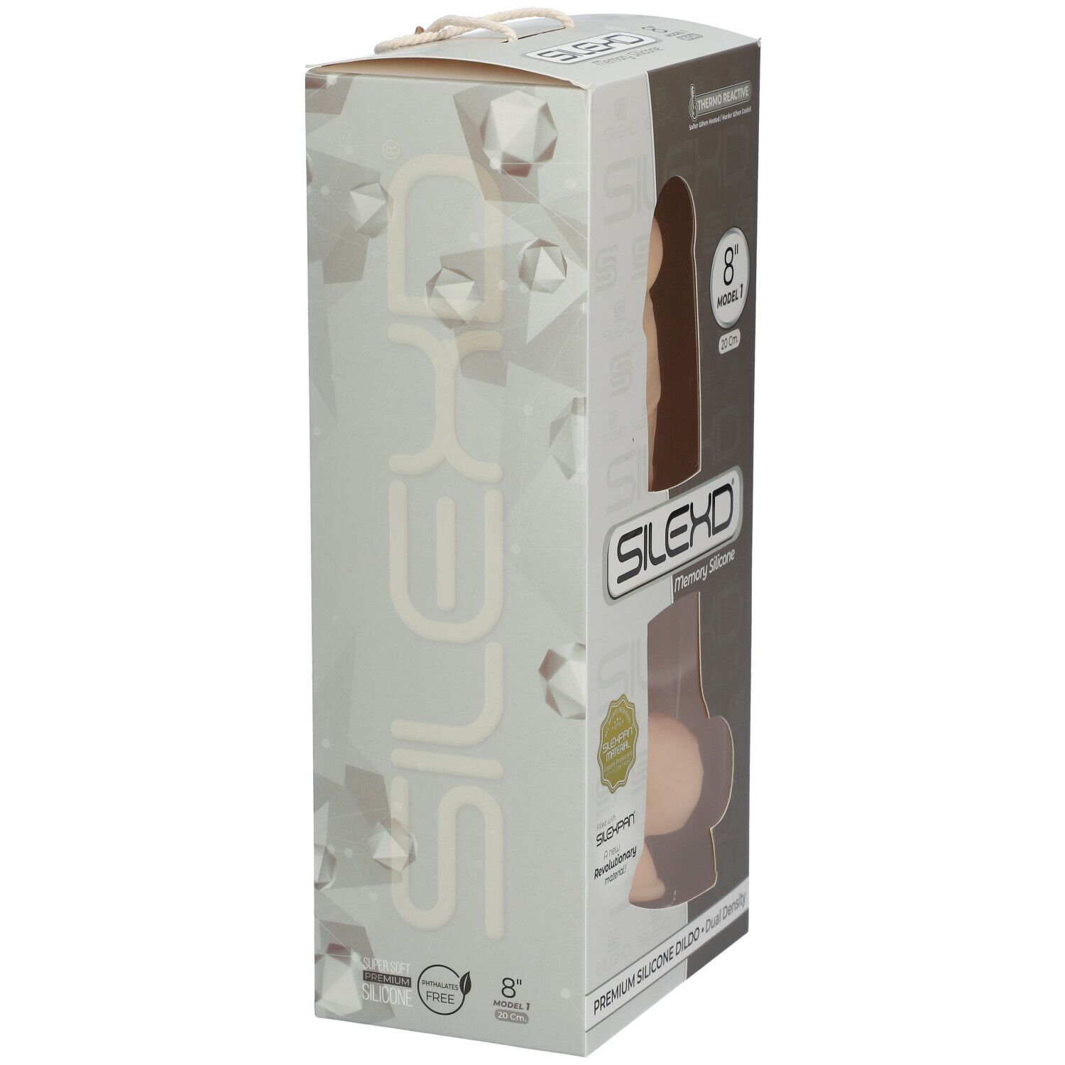 Seitenansicht der SILEXD Verpackung. Logo, Produktname, und 8"/20cm sichtbar. Thermo Reactive. Beige Produktansicht.