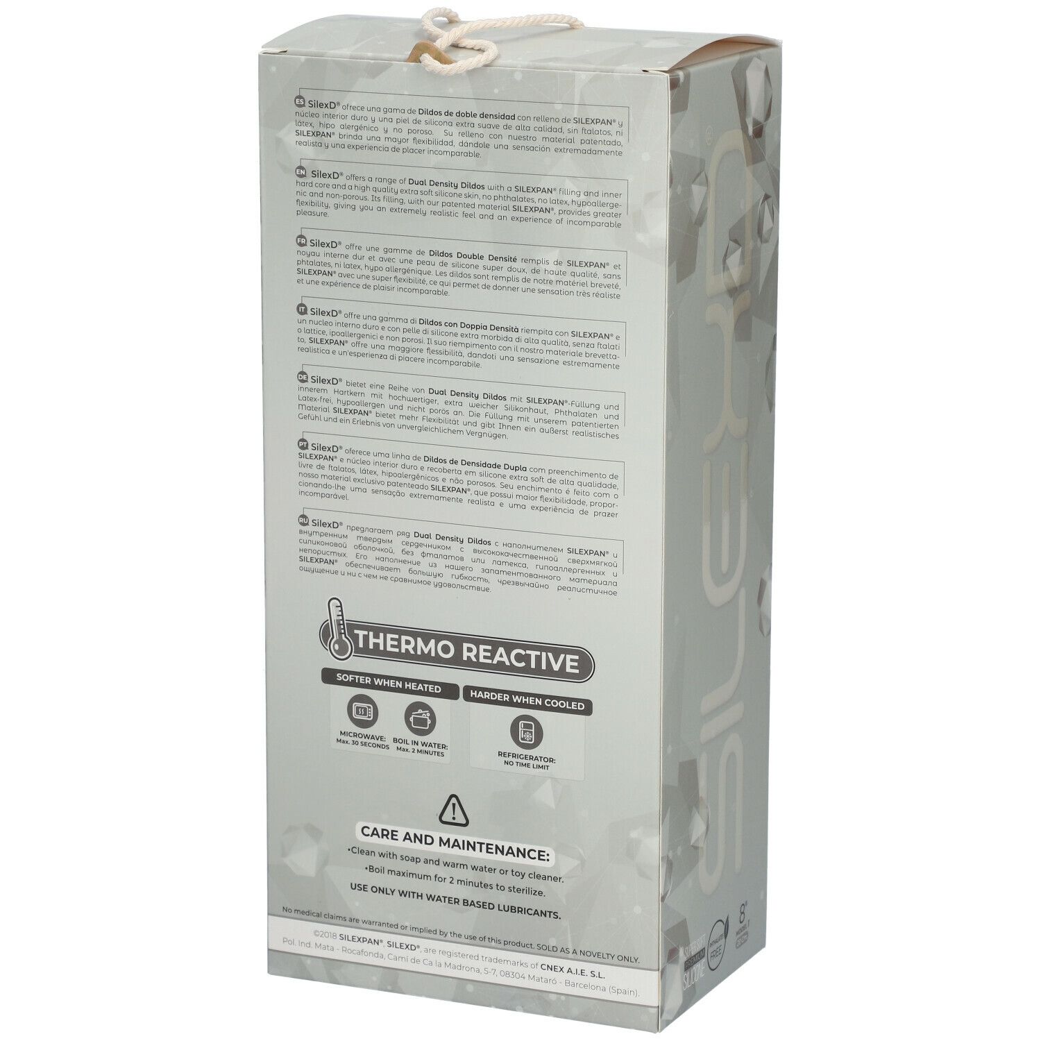 Rückseite der SILEXD Verpackung. Text in mehreren Sprachen. Thermo Reactive. Pflegehinweise. Beige Hintergrund.