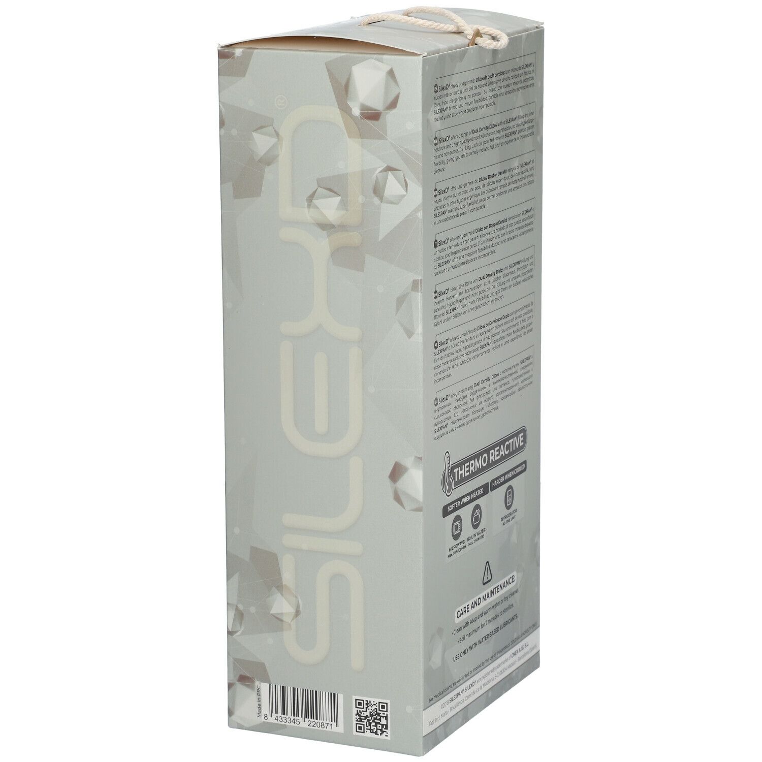 Seitenansicht der SILEXD Verpackung. Logo, Produktname, Thermo Reactive. Barcode und QR-Code. Beige Hintergrund.