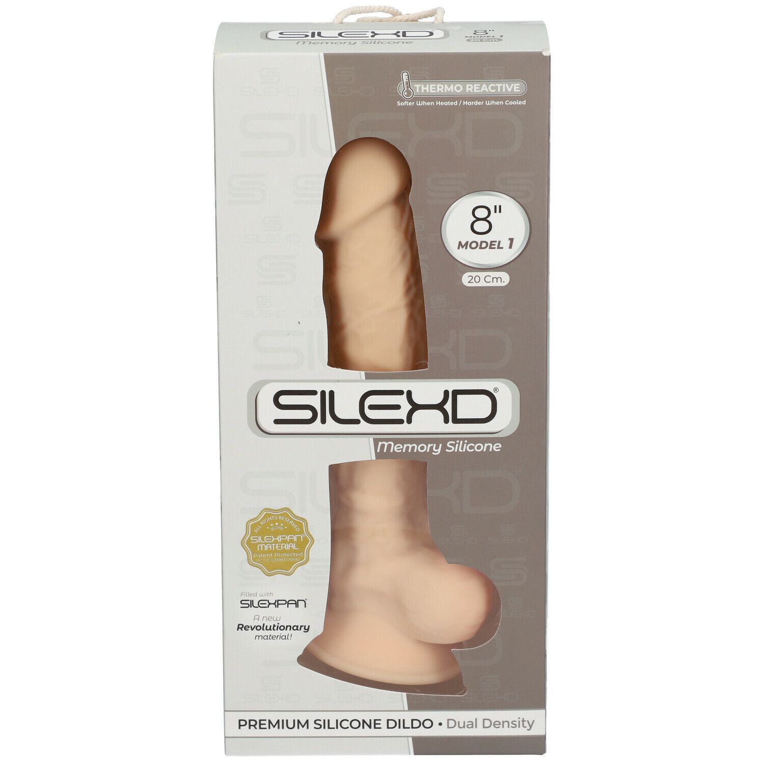Verpackung mit SILEXD Premium Silikon Dildo Modell 1. Sichtbar: 8"/20cm, braun. Mit Logo und Text. Thermo Reactive.
