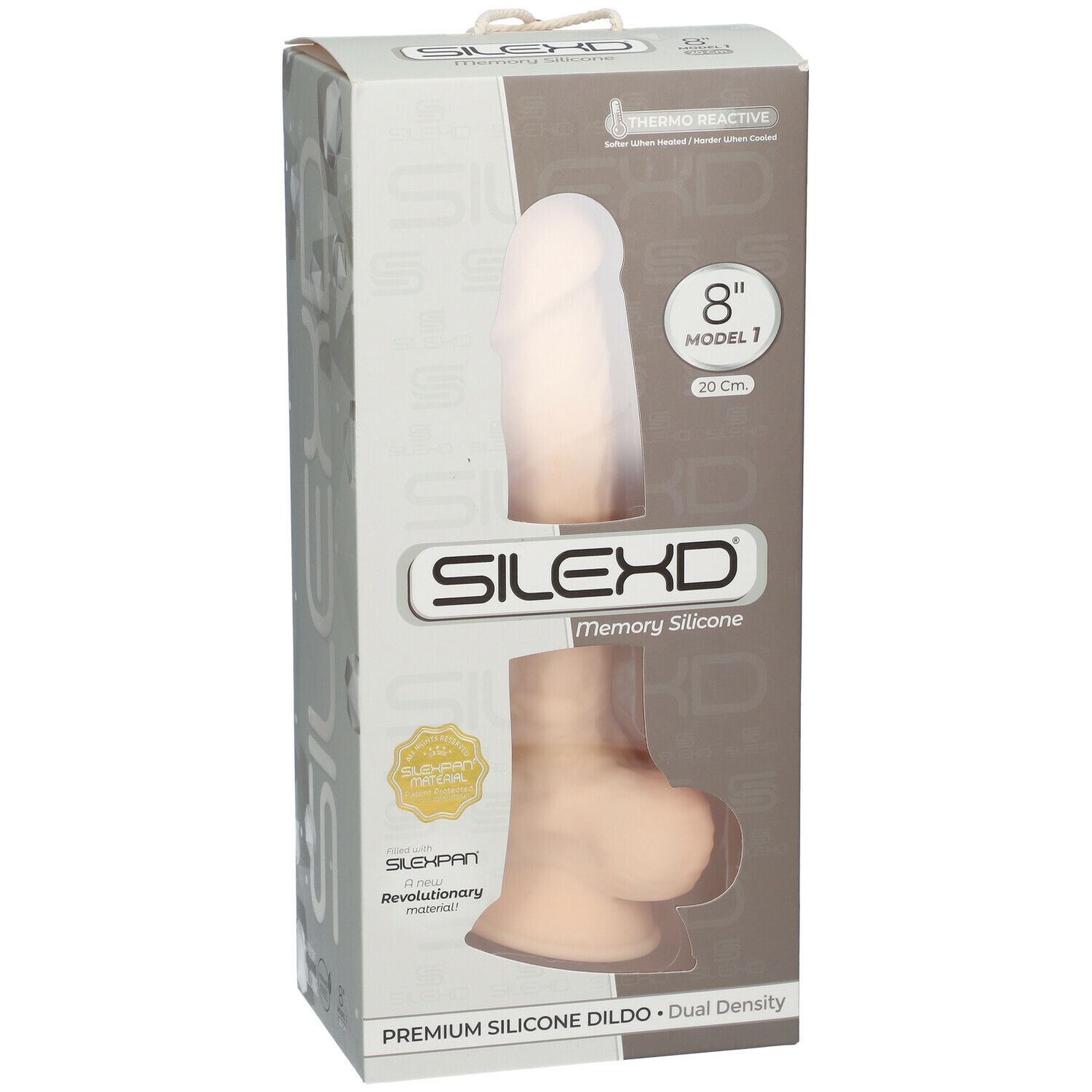 Verpackung mit SILEXD Premium Silikon Dildo Modell 1. Sichtbar: 8"/20cm, weiß. Mit Logo und Text. Thermo Reactive.
