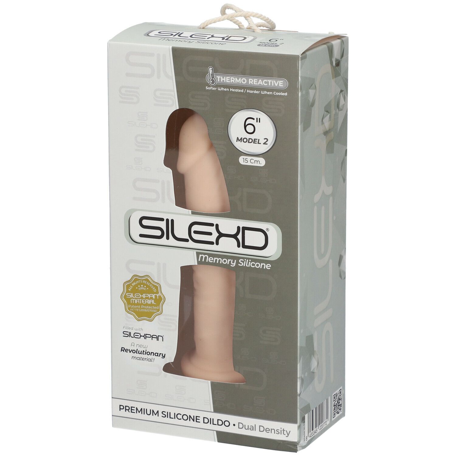 Emballage SILEXD Premium Silikon Dildo. Modèle 2, 15 cm. Thermo Reactive. Dual Density. Image du produit visible.