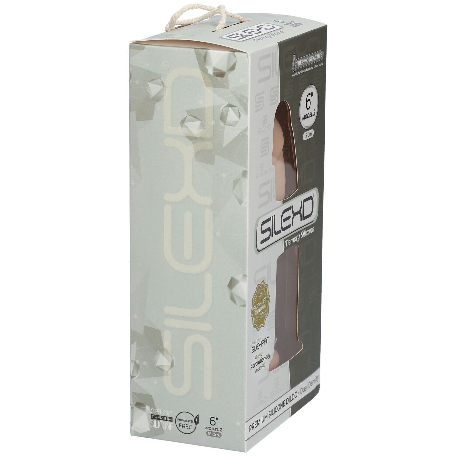 Emballage SILEXD Premium Silikon Dildo. Modèle 2, 15 cm. Côté avec image du produit. Thermo Reactive.