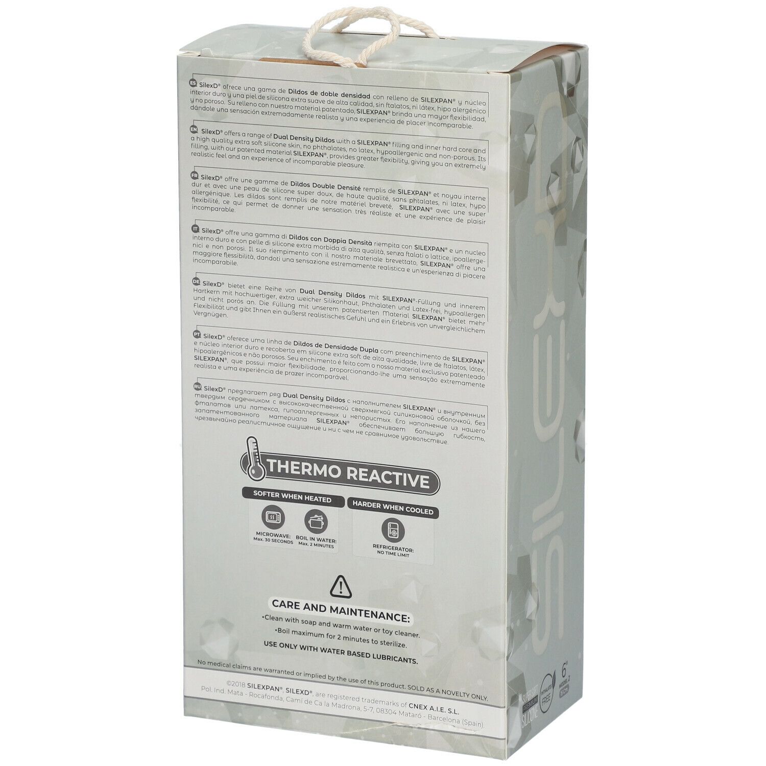 Dos de l'emballage SILEXD Premium Silikon Dildo. Texte multilingue. Thermo Reactive.