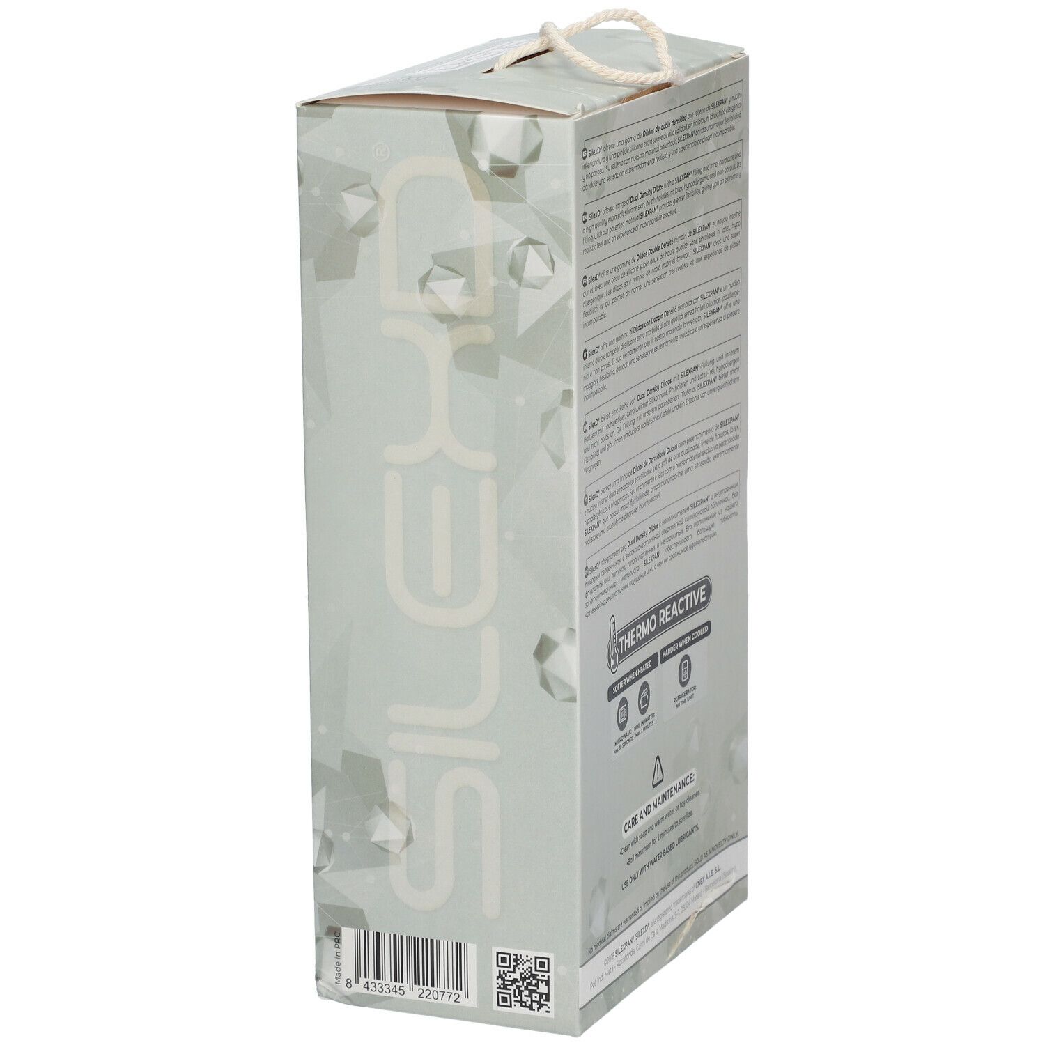 Côté de l'emballage SILEXD Premium Silikon Dildo. Texte et code QR. Thermo Reactive.