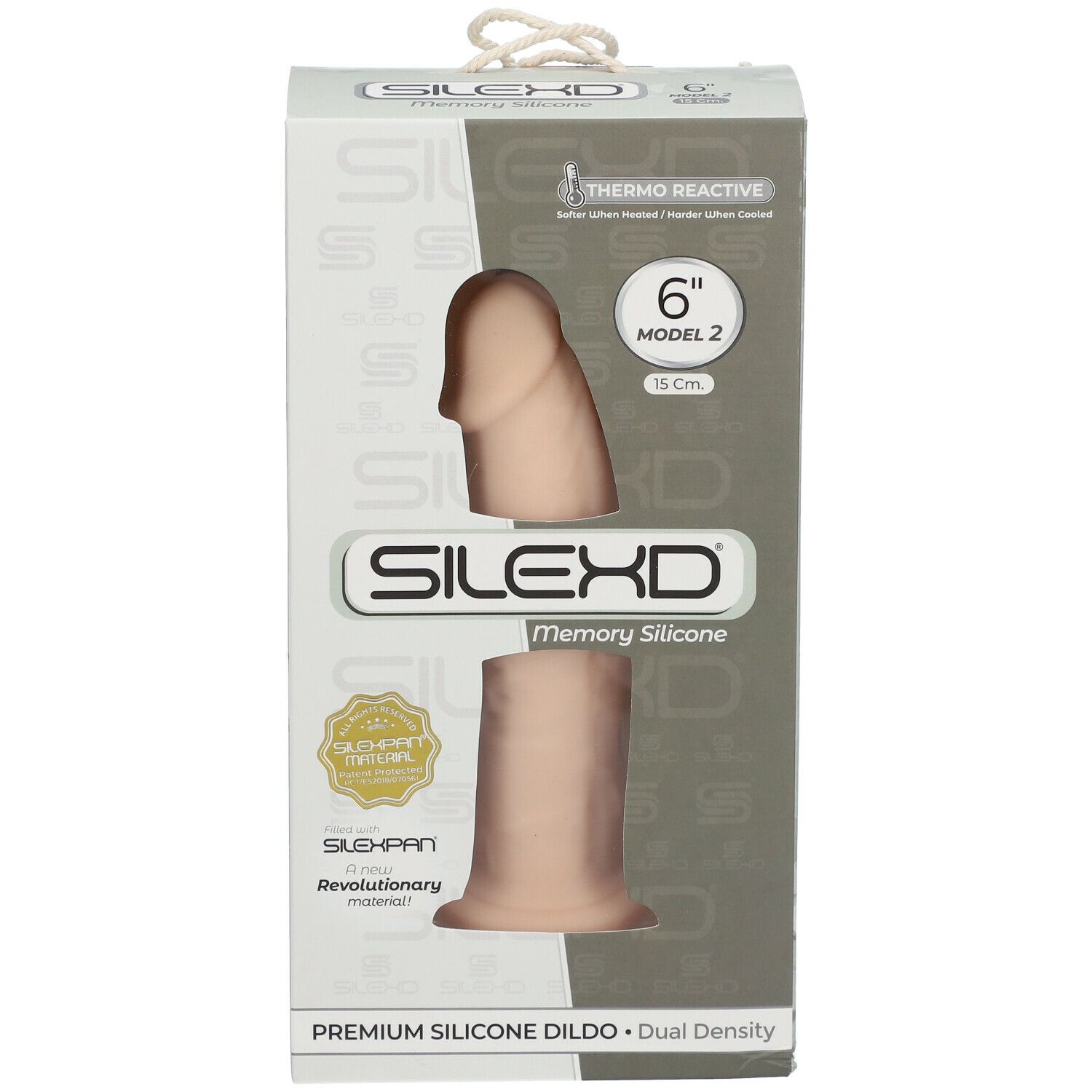 Emballage SILEXD Premium Silikon Dildo. Modèle 2, 15 cm. Image du produit. Thermo Reactive. Dual Density.
