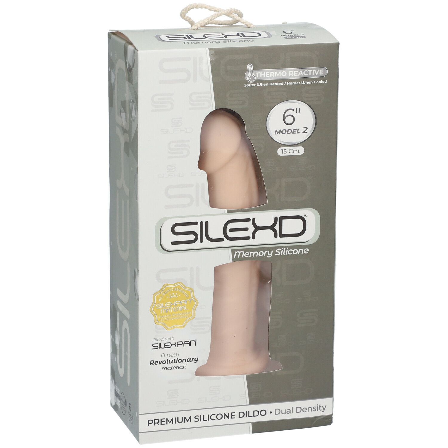 Emballage SILEXD Premium Silikon Dildo. Modèle 2, 15 cm. Image du produit. Thermo Reactive. Dual Density.