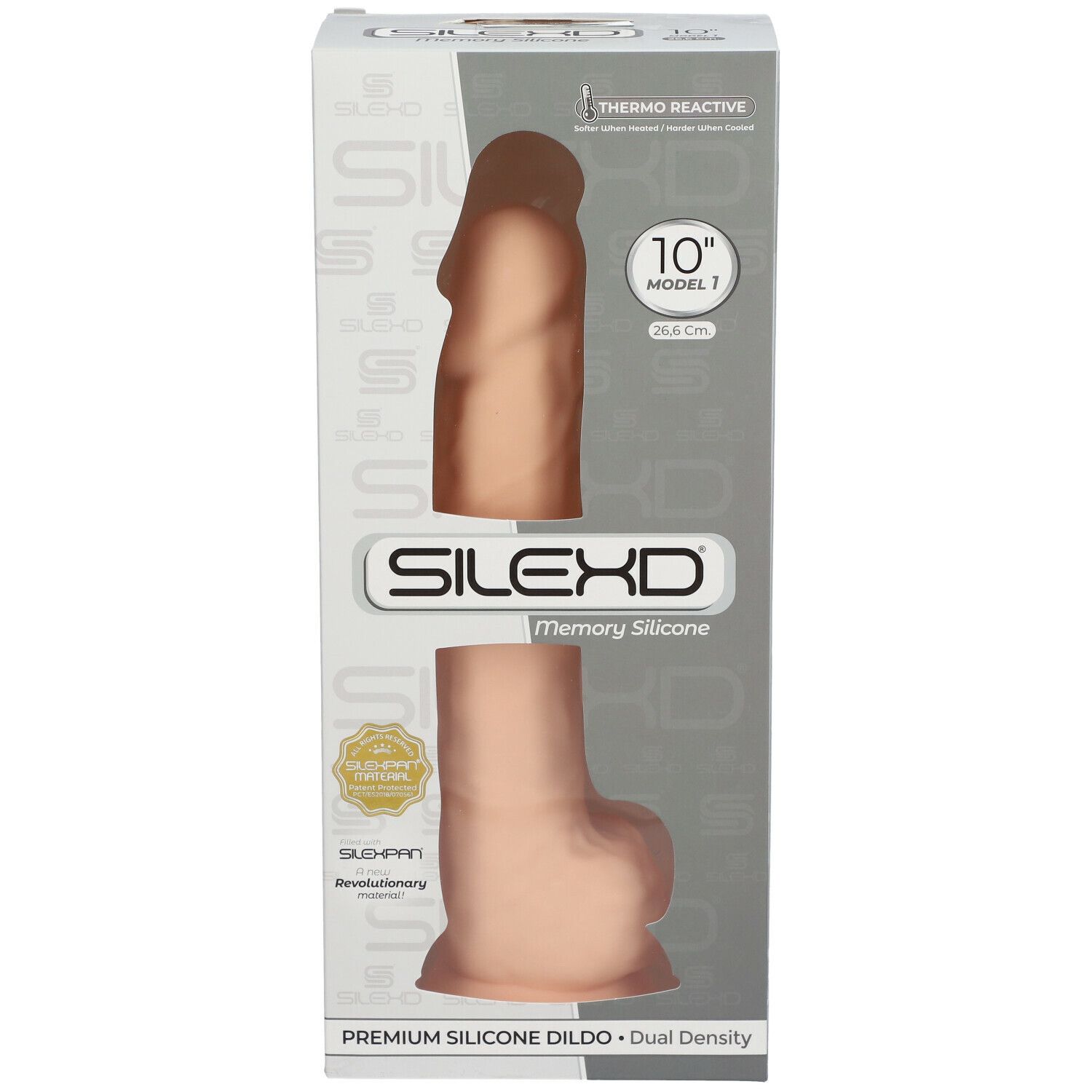 SILEXD Premium Silikon Dildo dans son emballage. Produit bicolore visible. 26,6 cm, modèle 7.