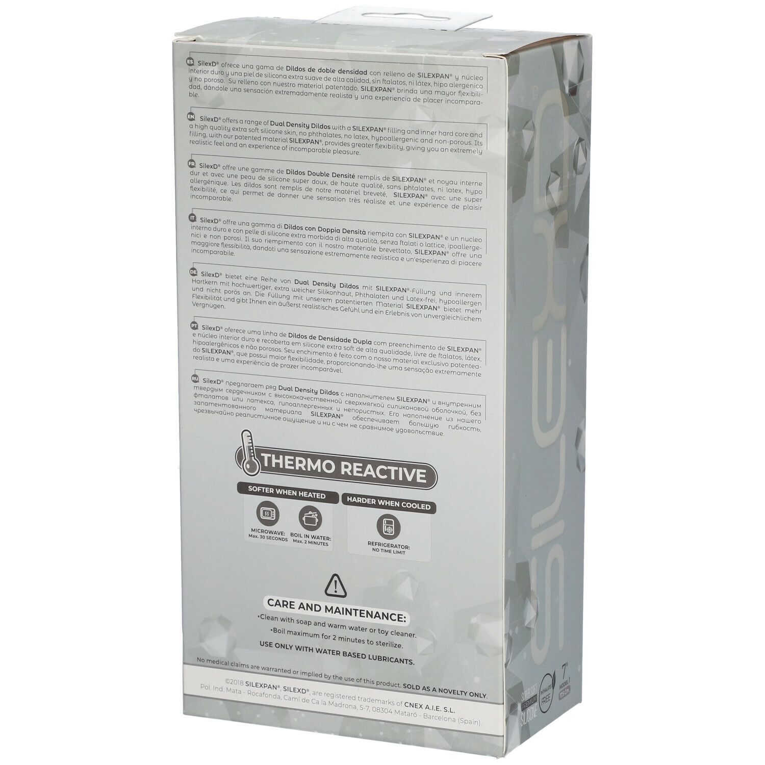 Rückseite der Verpackung SILEXD Premium Silikon Dildo. Textinformationen, Thermo Reactive, Pflegehinweise.