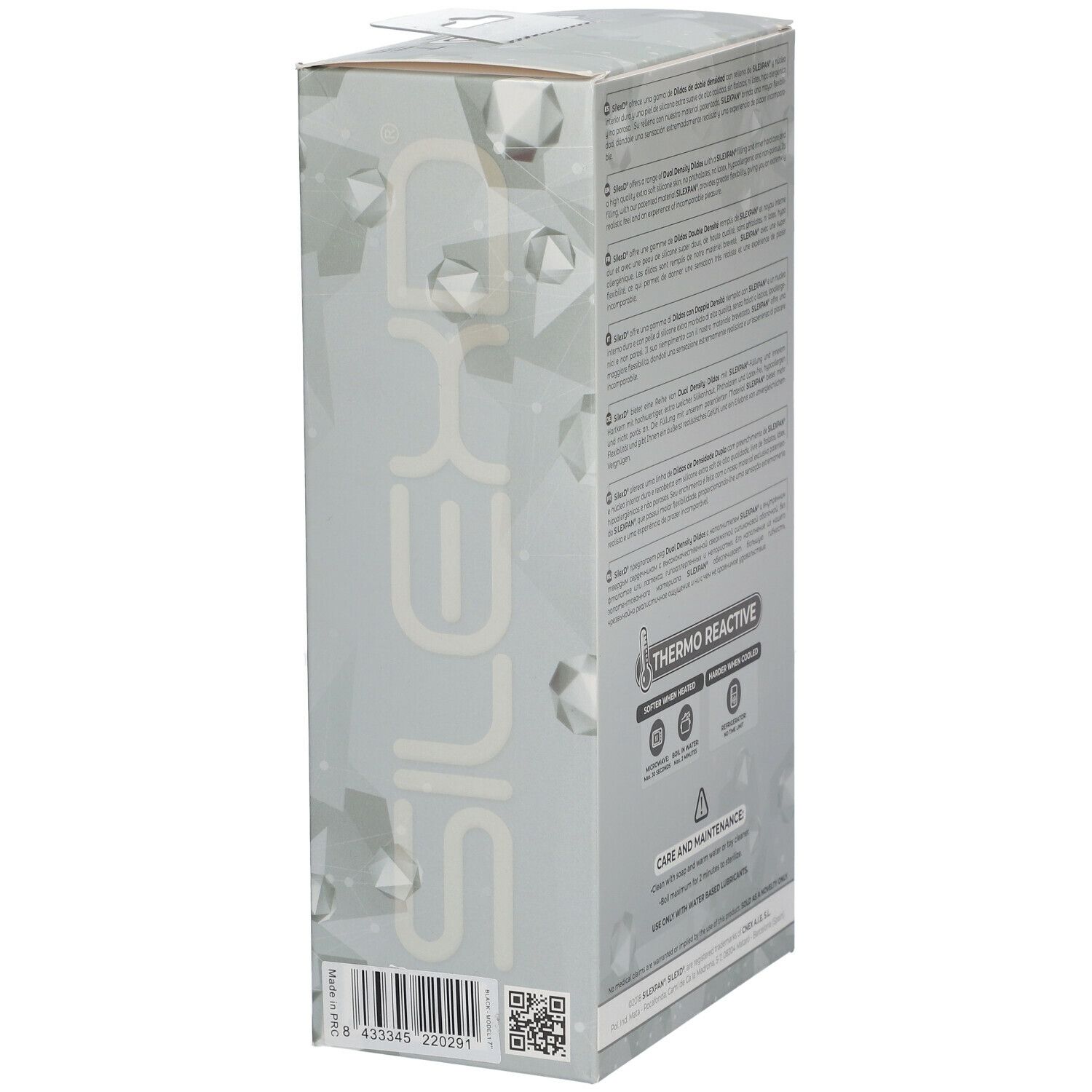 Seitenansicht der Verpackung SILEXD Premium Silikon Dildo. Thermo Reactive, Barcode, QR-Code.
