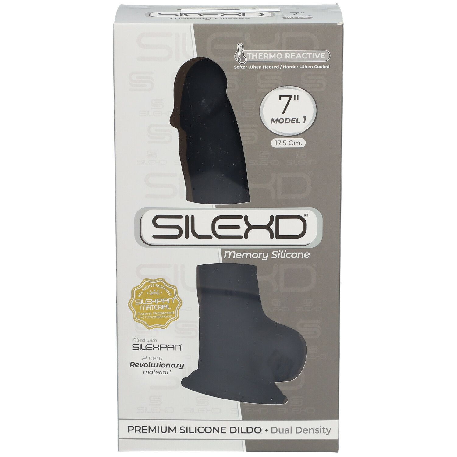 Verpackung SILEXD Premium Silikon Dildo. Schwarz, 17,5 cm. Modell 1. Thermo Reactive. Vorderansicht.