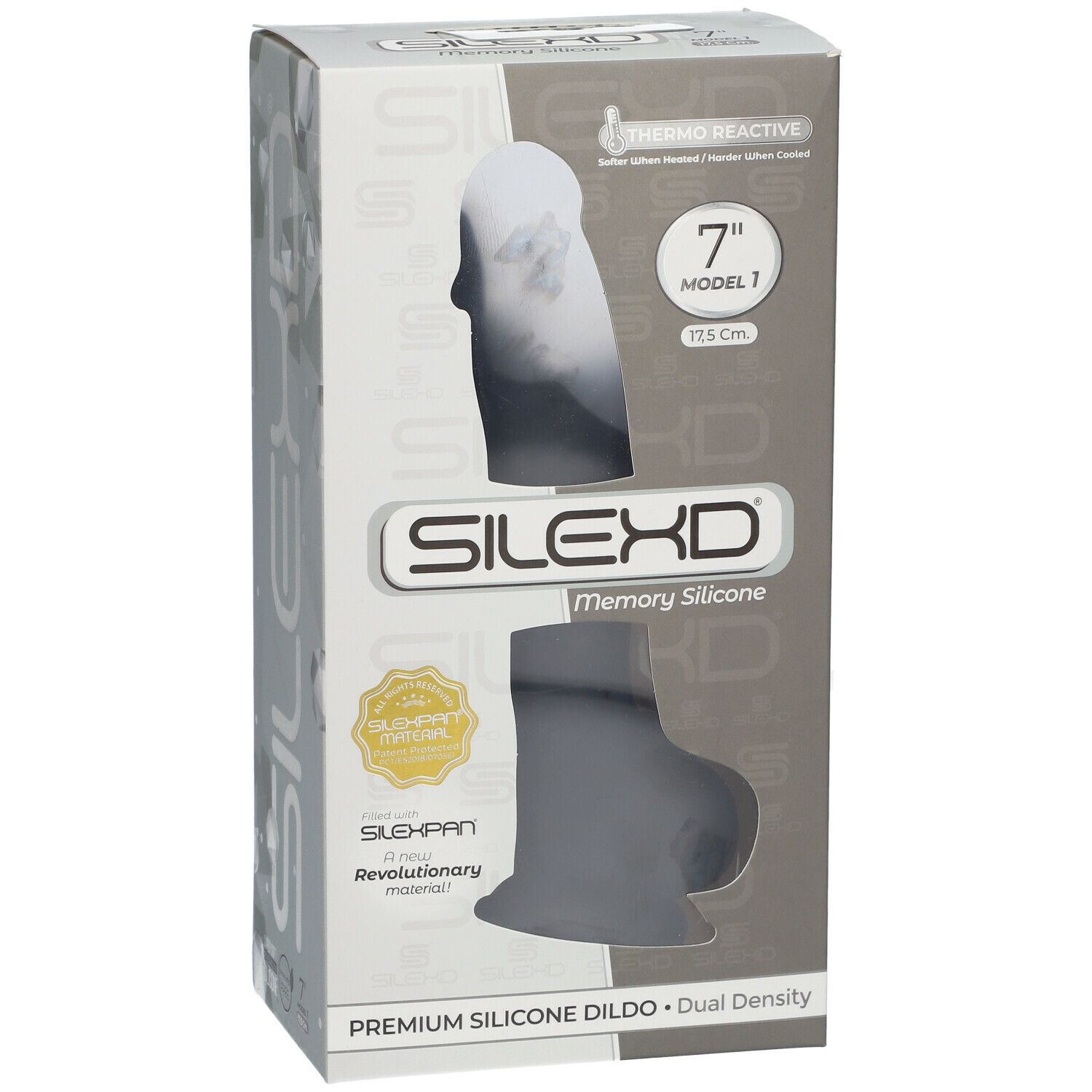 Verpackung SILEXD Premium Silikon Dildo. Schwarz, 17,5 cm. Modell 1. Thermo Reactive. Vorderansicht.