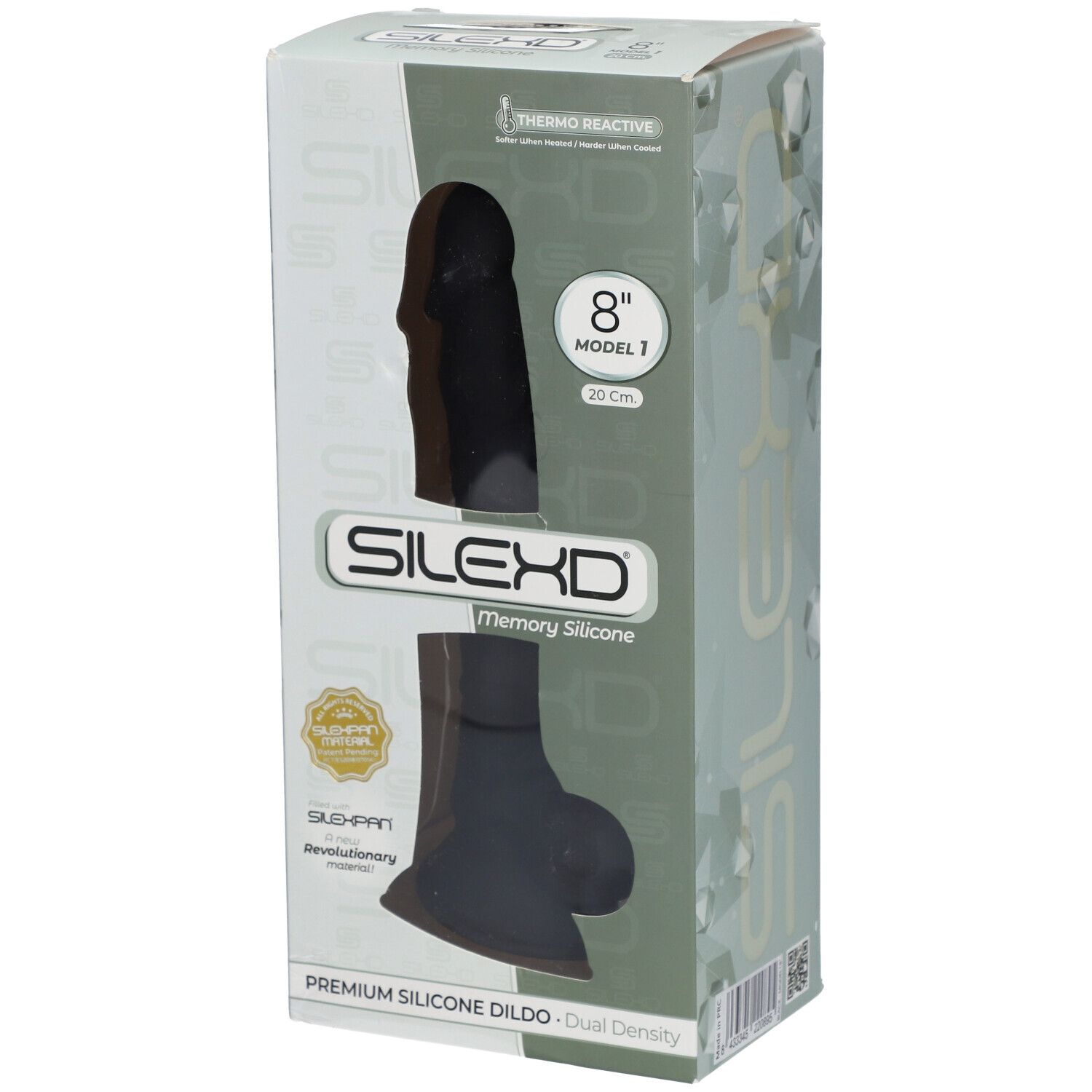 Verpackung mit schwarzem Silikon-Dildo. Marke SILEXD, Modell 1, 20 cm. Thermo Reactive.