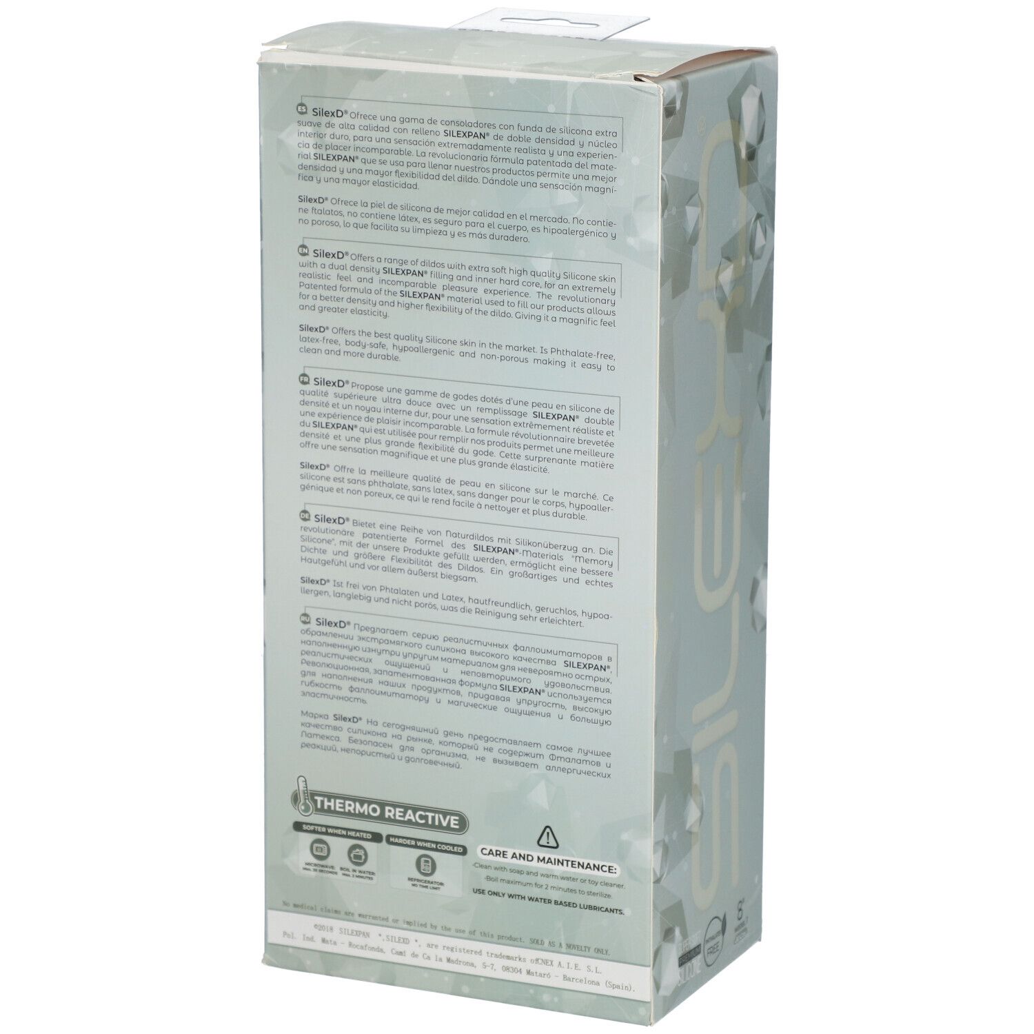 Rückseite der Verpackung mit Text. Marke SILEXD. Thermo Reactive. Pflegehinweise.