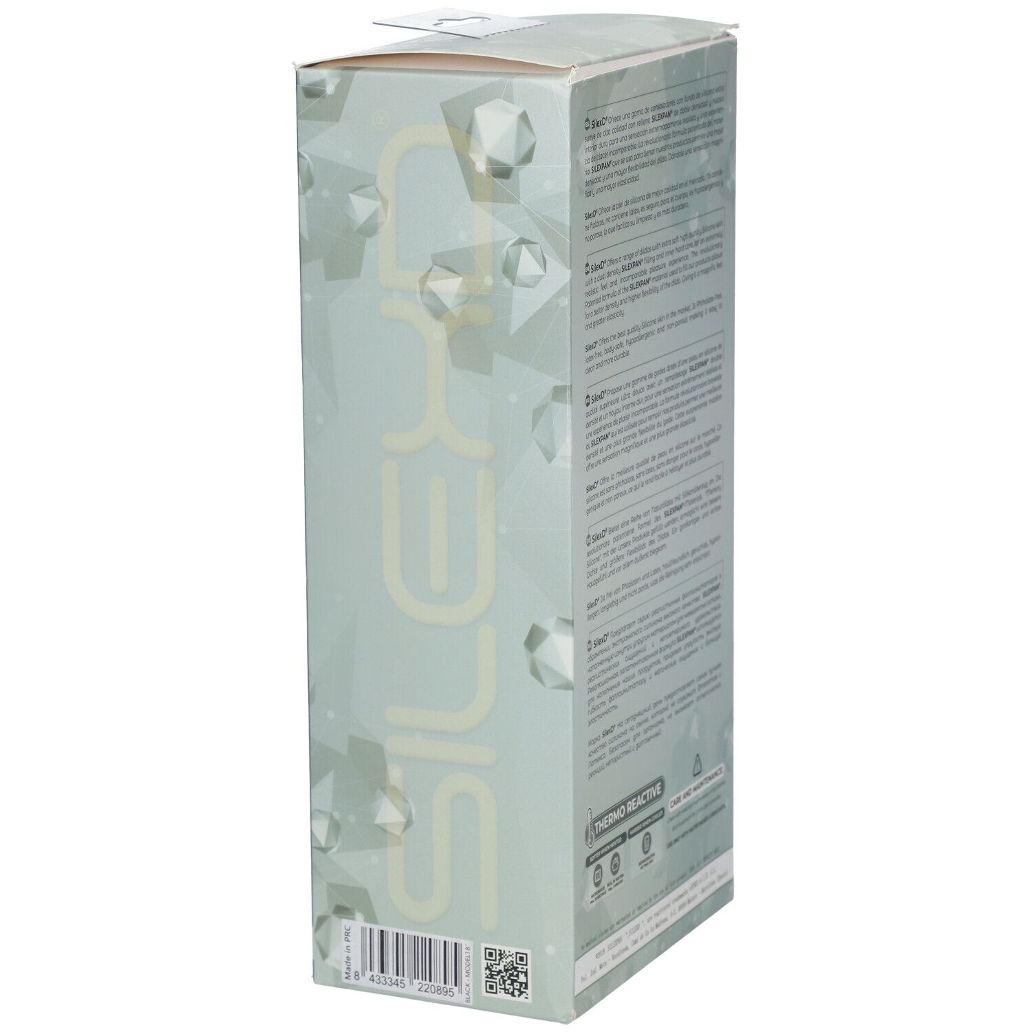 Seite der Verpackung mit Text. Marke SILEXD. Thermo Reactive. Pflegehinweise.