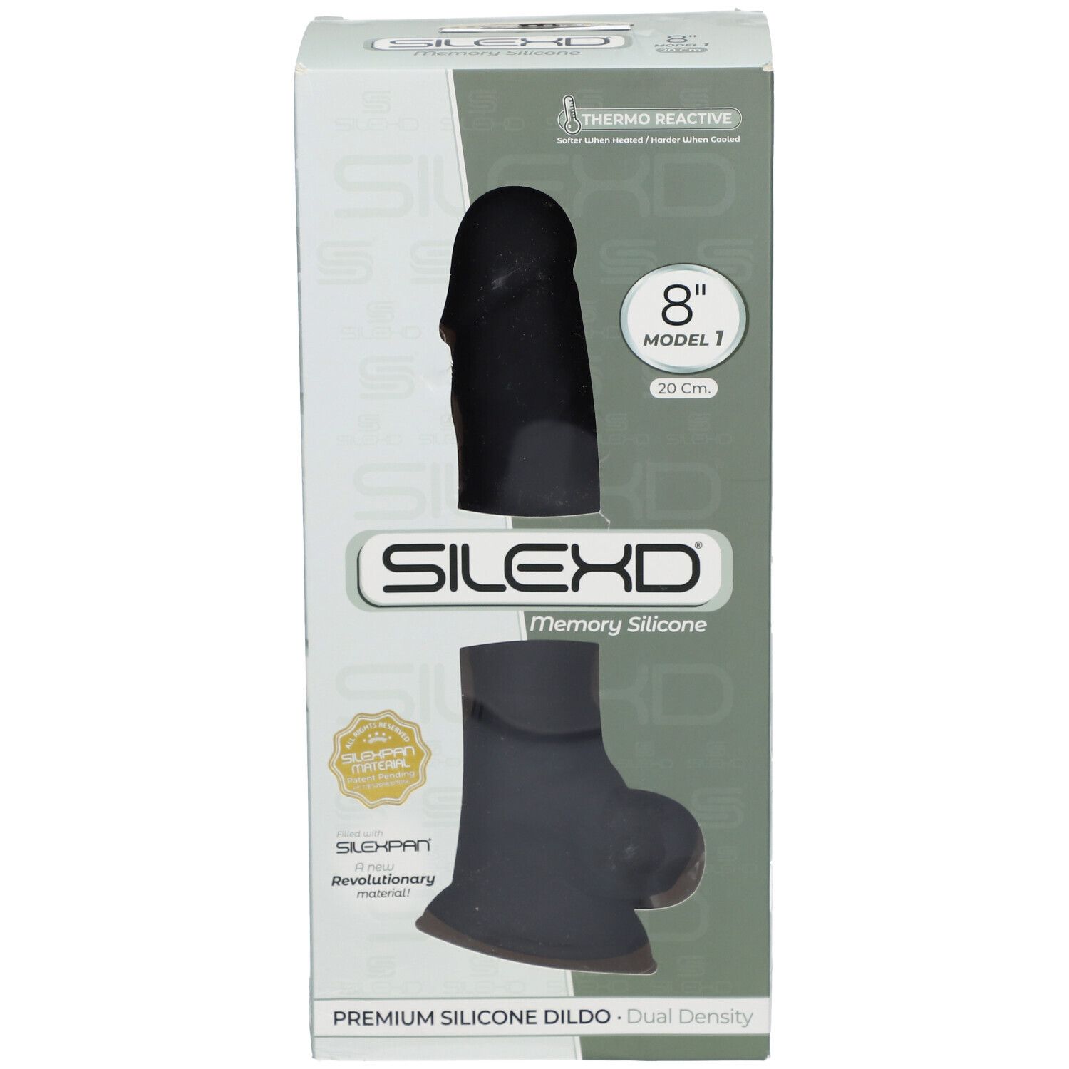 Verpackung mit schwarzem Silikon-Dildo. Marke SILEXD, Modell 1, 20 cm. Thermo Reactive.