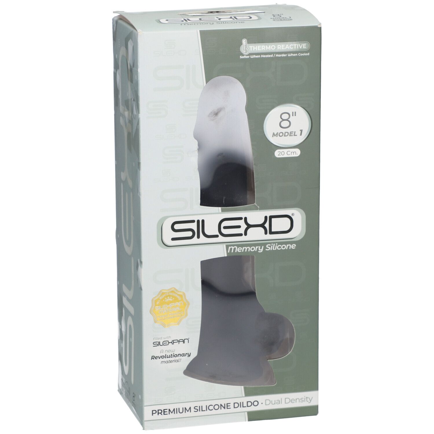 Verpackung mit zweifarbigem Silikon-Dildo. Marke SILEXD, Modell 1, 20 cm. Thermo Reactive.