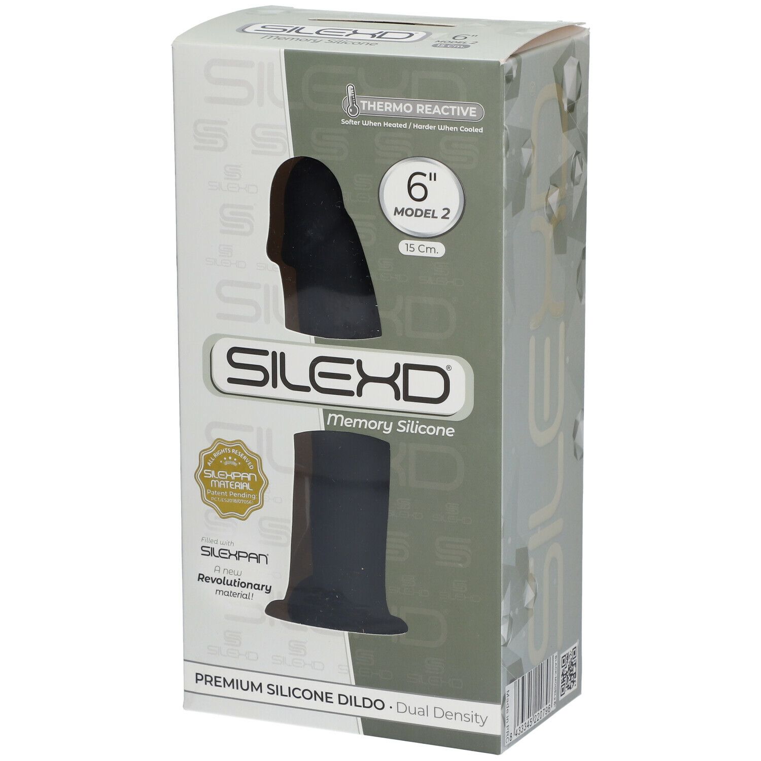 Verpackung mit Produktabbildung. SILEXD Premium Silikon Dildo, Modell 2, 15 cm, schwarz. Thermo Reactive.