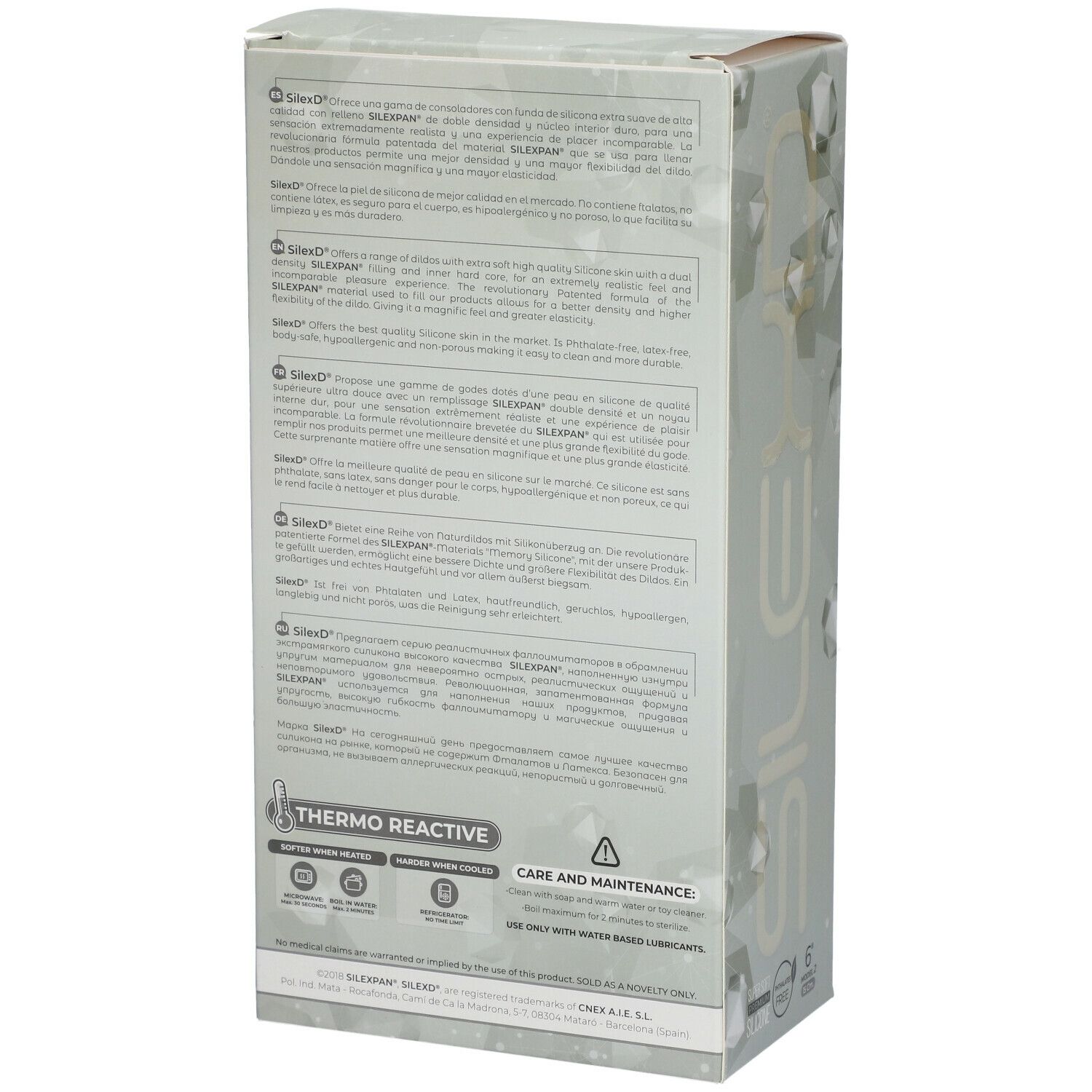 Rückseite der Produktverpackung. Text in mehreren Sprachen. Thermo Reactive und Pflegehinweise.