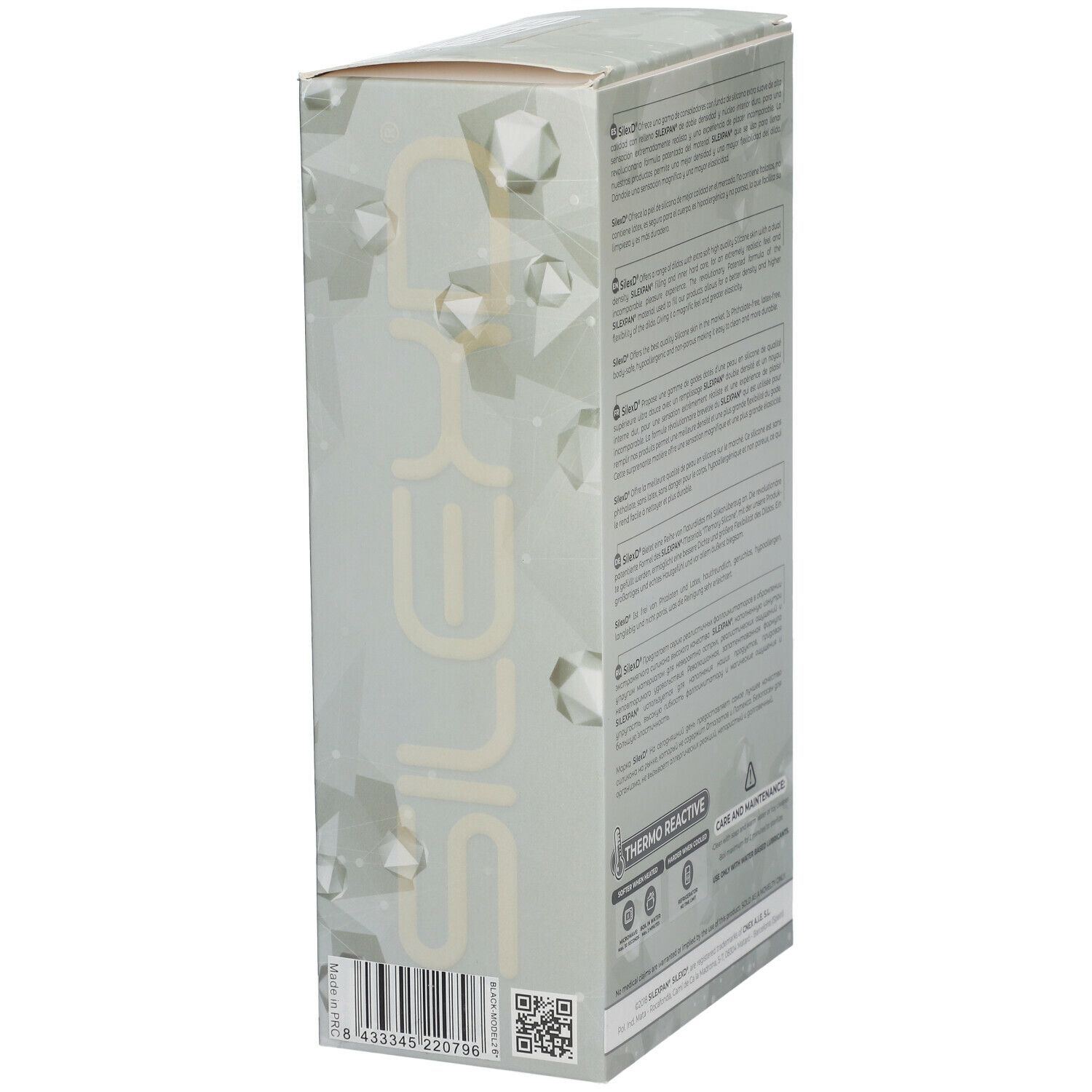 Produktverpackung, Seitenansicht. Text und Barcode. Thermo Reactive.