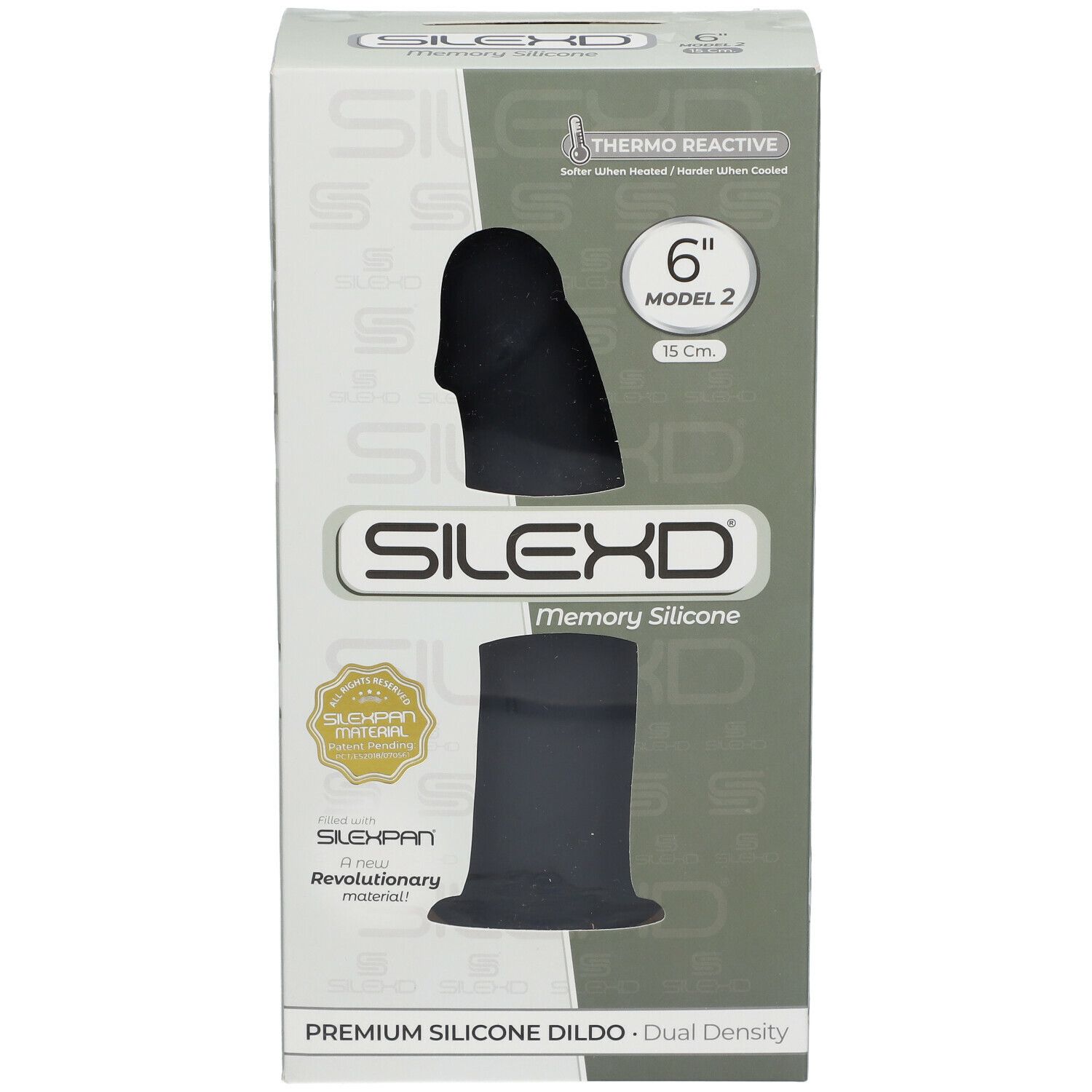 Produktverpackung. SILEXD Premium Silikon Dildo, Modell 2, 15 cm, schwarz. Thermo Reactive.