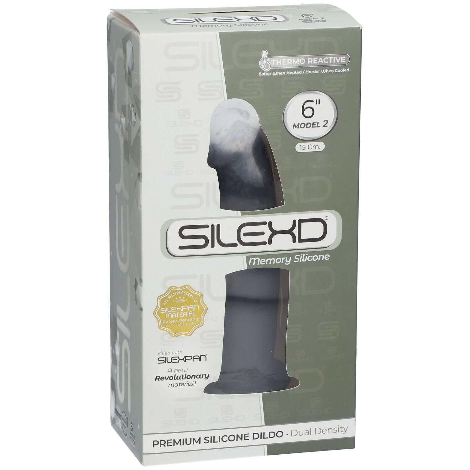 Produktverpackung. SILEXD Premium Silikon Dildo, Modell 2, 15 cm, schwarz. Thermo Reactive.