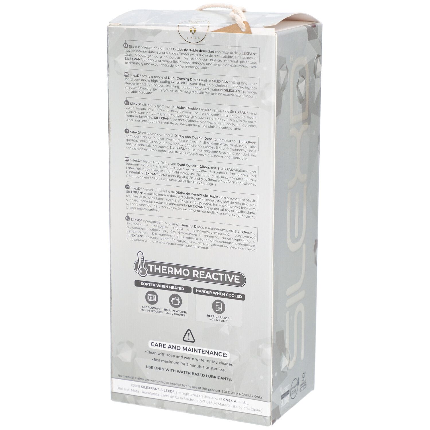 Rückseite der Verpackung. Text in mehreren Sprachen. Informationen zu Thermo Reactive. Pflegehinweise.