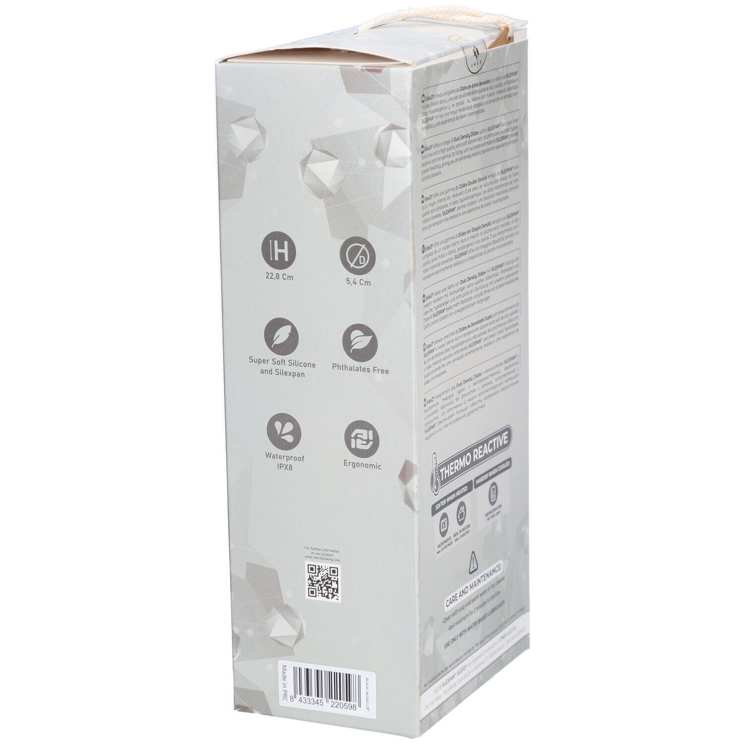 Seite der Verpackung. Informationen zu: 10,8 cm, 5,6 cm, Super Soft, wasserdicht, ergonomisch. QR-Code.