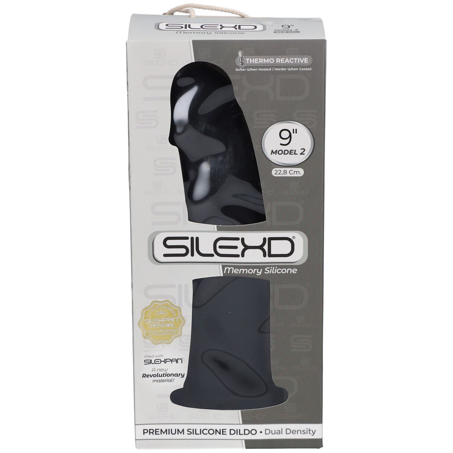 Verpackung mit schwarzem Silikon-Dildo. Sichtfenster zeigt Produkt. Marke SILEXD. Aufdruck: 9", Modell 2.