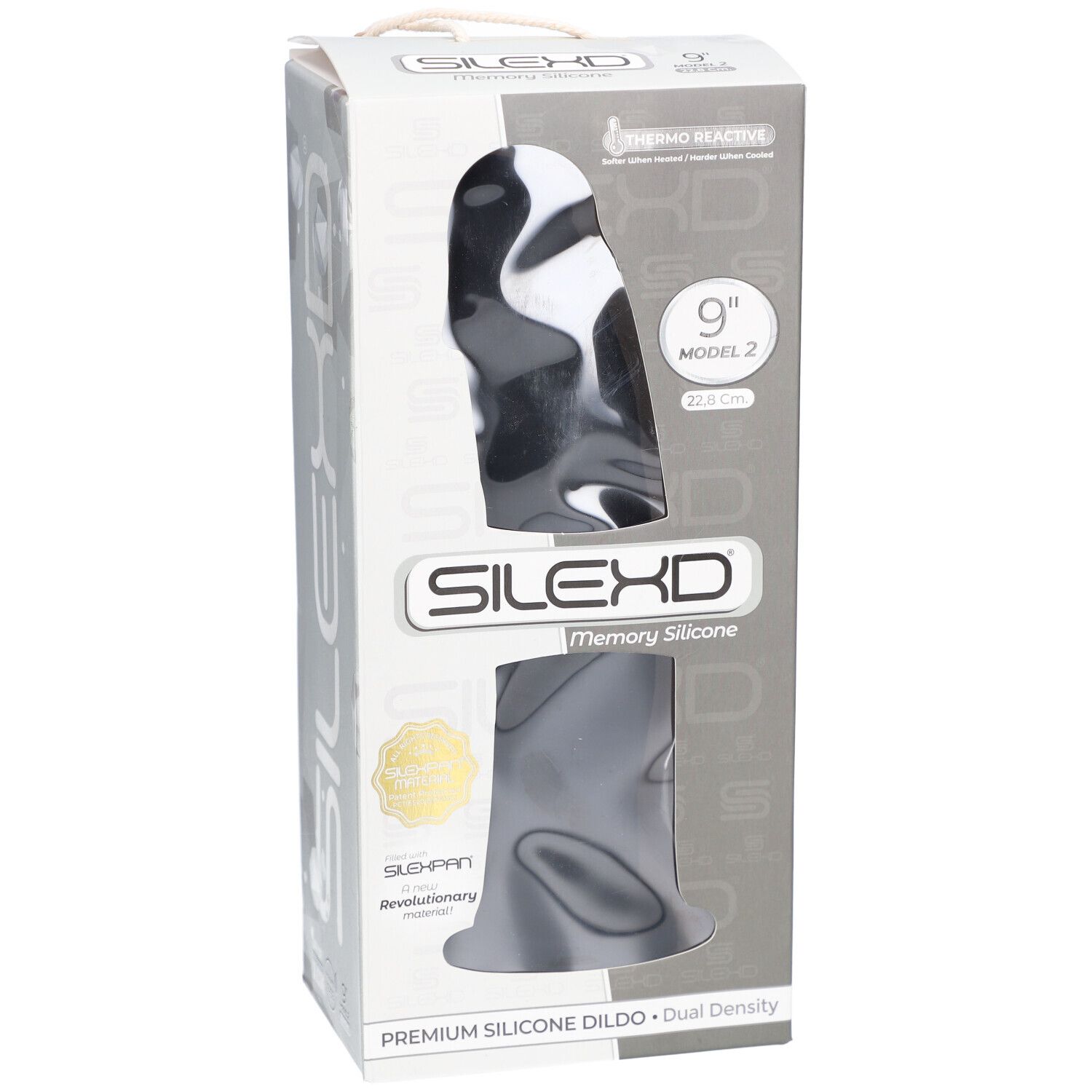 Verpackung mit schwarzem Silikon-Dildo. Sichtfenster zeigt Produkt. Marke SILEXD. Aufdruck: 9", Modell 2.