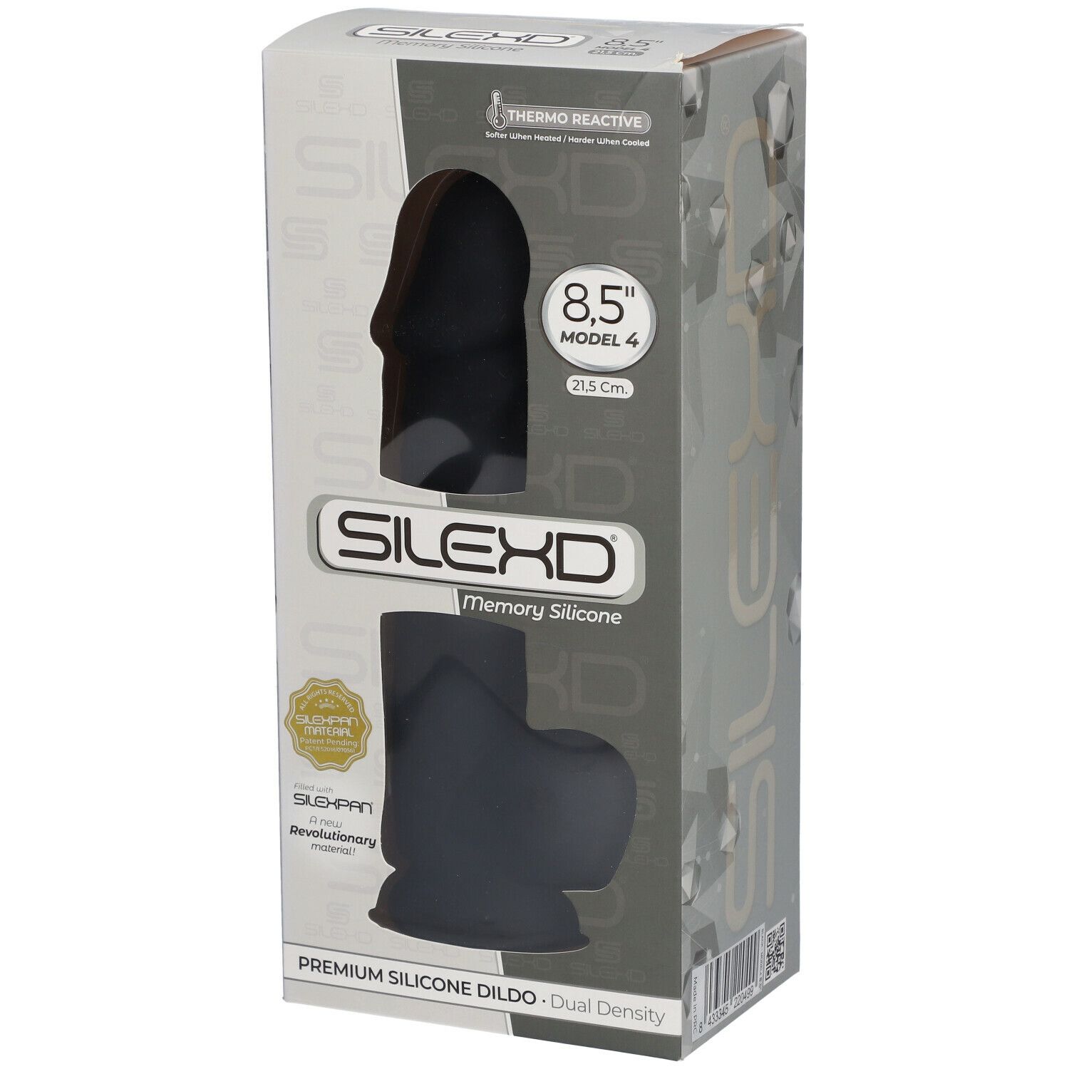 Verpackung mit schwarzem Silikondildo. Sichtbar: 8,5 Zoll, Modell 4, 21,5 cm. Marke SILEXD, Memory Silicone, SLUSH-PAN.