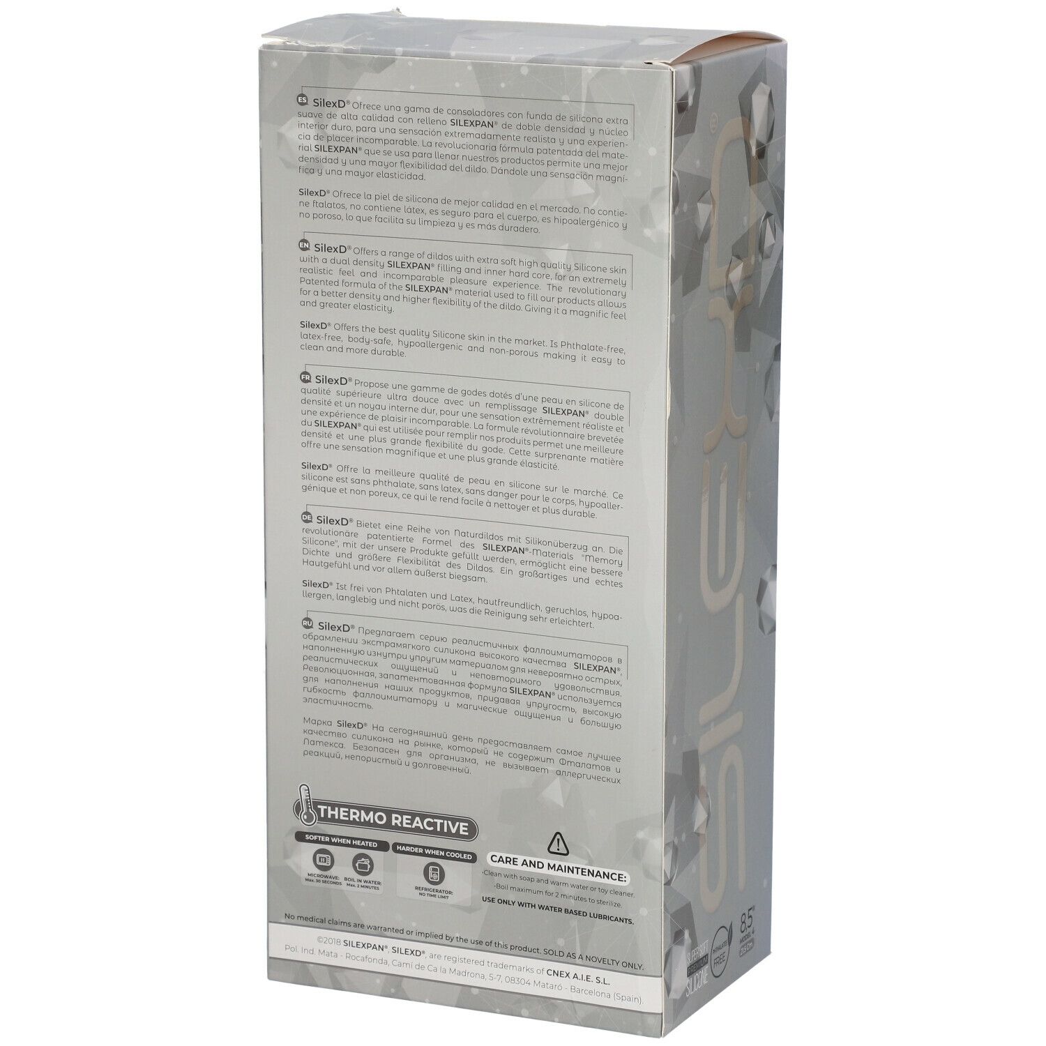 Rückseite der SILEXD-Verpackung. Text in mehreren Sprachen, Informationen zur Pflege und Qualitätssiegel.