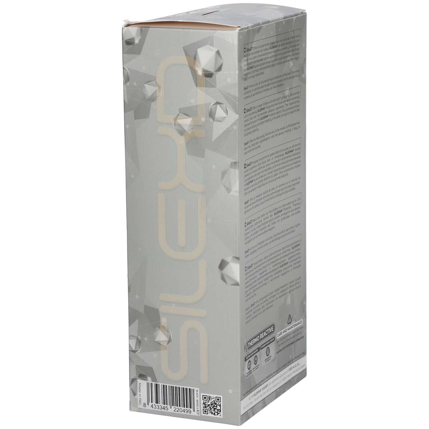 Seite der SILEXD-Verpackung. Text und Barcode. Informationen zur Marke und Produkt.