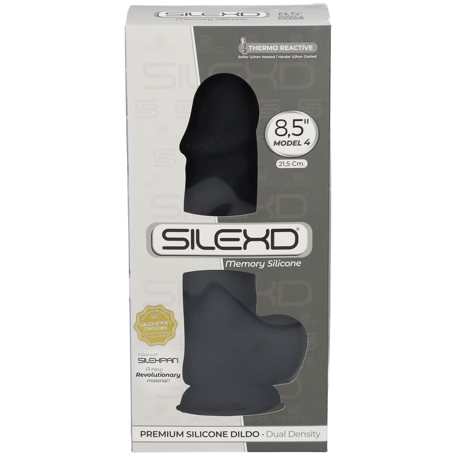 Verpackung mit schwarzem Silikondildo. Sichtbar: 8,5 Zoll, Modell 4, 21,5 cm. Marke SILEXD, Memory Silicone, SLUSH-PAN.