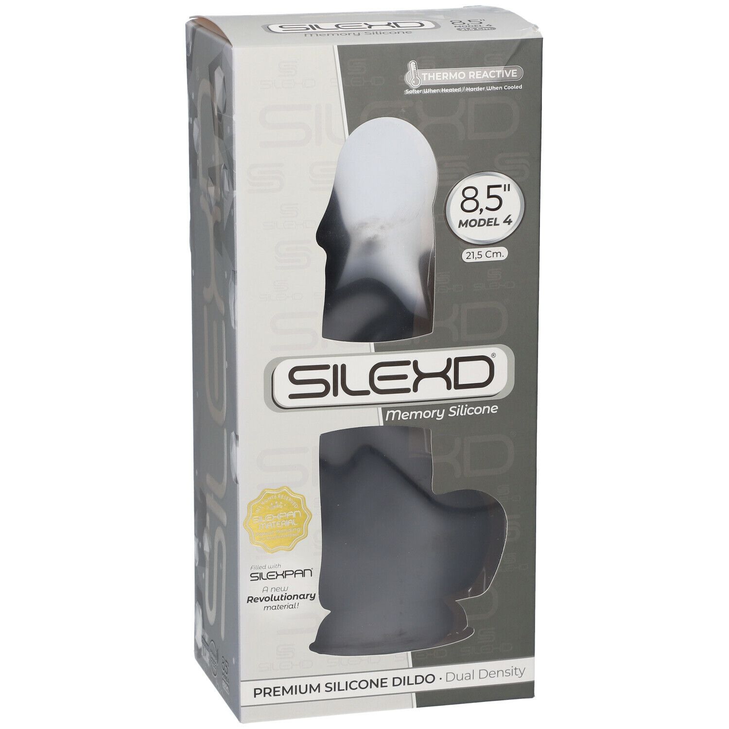Verpackung mit Silikondildo. Produktansicht mit weißem Hintergrund. Marke SILEXD, Modell 4, 8,5 Zoll, 21,5 cm.