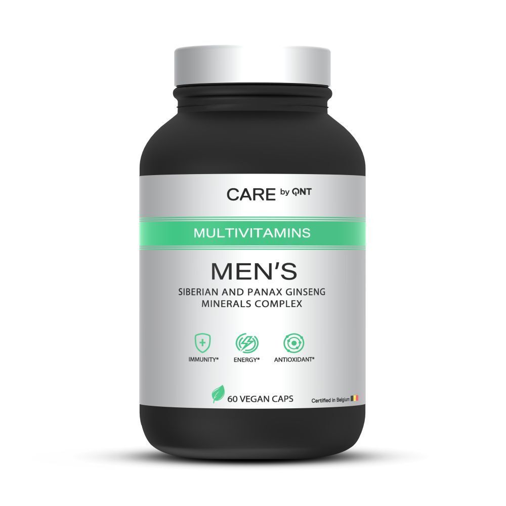 Zwarte fles "Care by QNT Multivitamins Men's". 60 capsules. Groen-wit etiket.