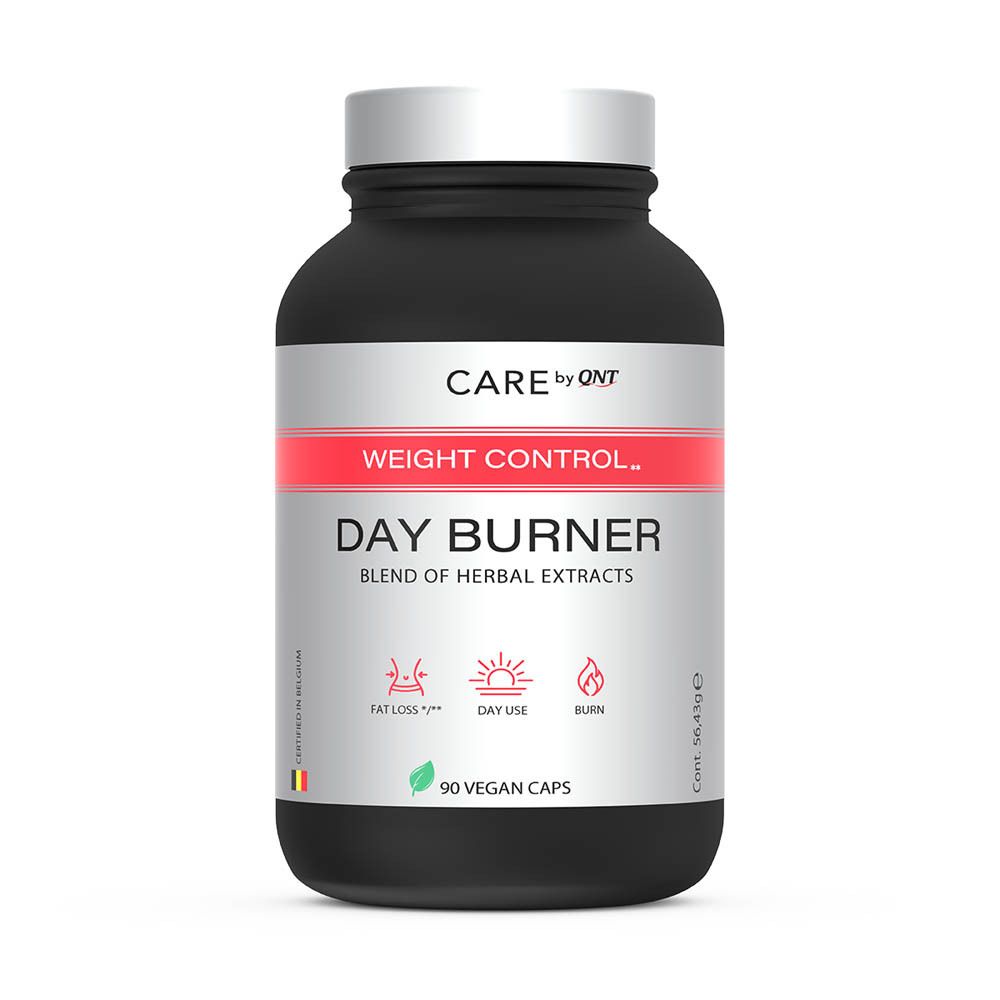 Zwarte fles met zilveren deksel. Opschrift: Care by QNT, Weight Control, Day Burner, 90 vegan capsules.