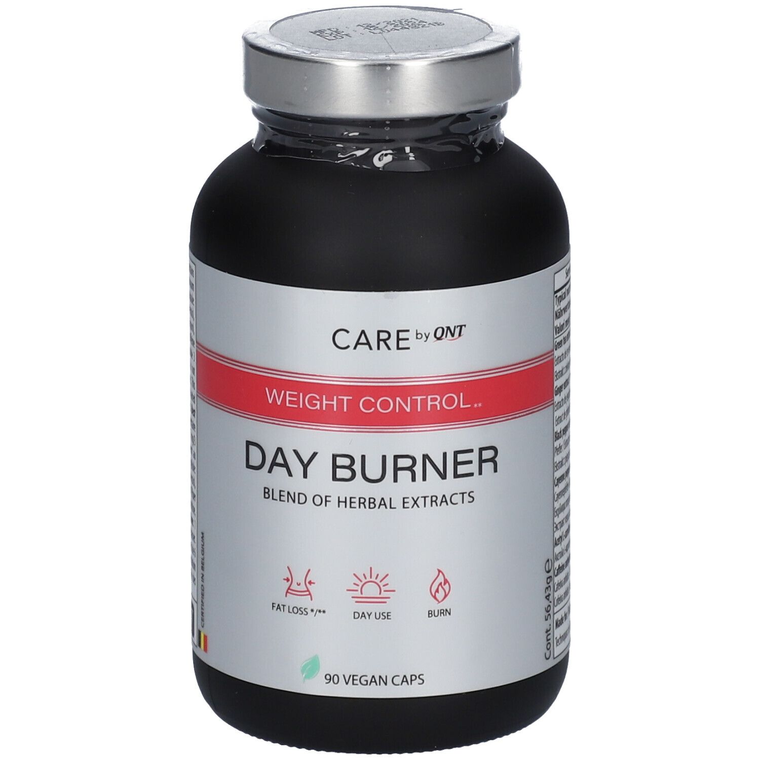 Zwarte fles met zilveren deksel. Opschrift: Care by QNT, Weight Control, Day Burner, 90 vegan capsules.