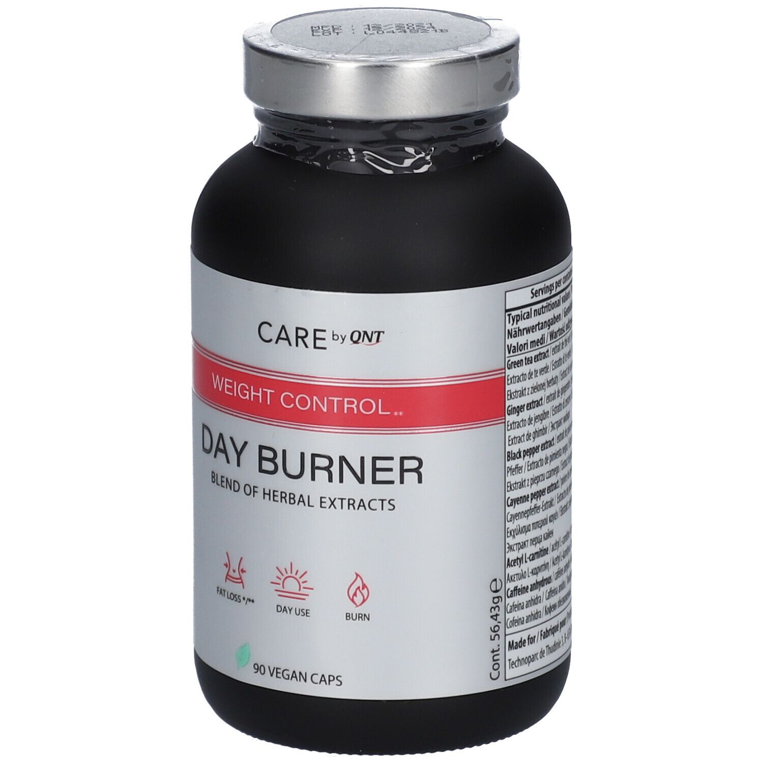 Zwarte fles met zilveren deksel. Opschrift: Care by QNT, Weight Control, Day Burner, 90 vegan capsules.