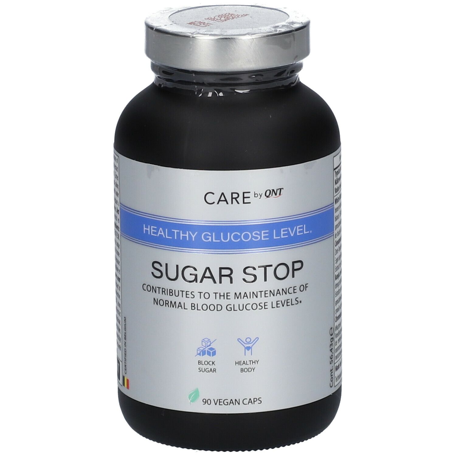Donkere fles met zilveren dop. Etiket met tekst: Sugar Stop, 90 vegan capsules. Merk: CARE by QNT.